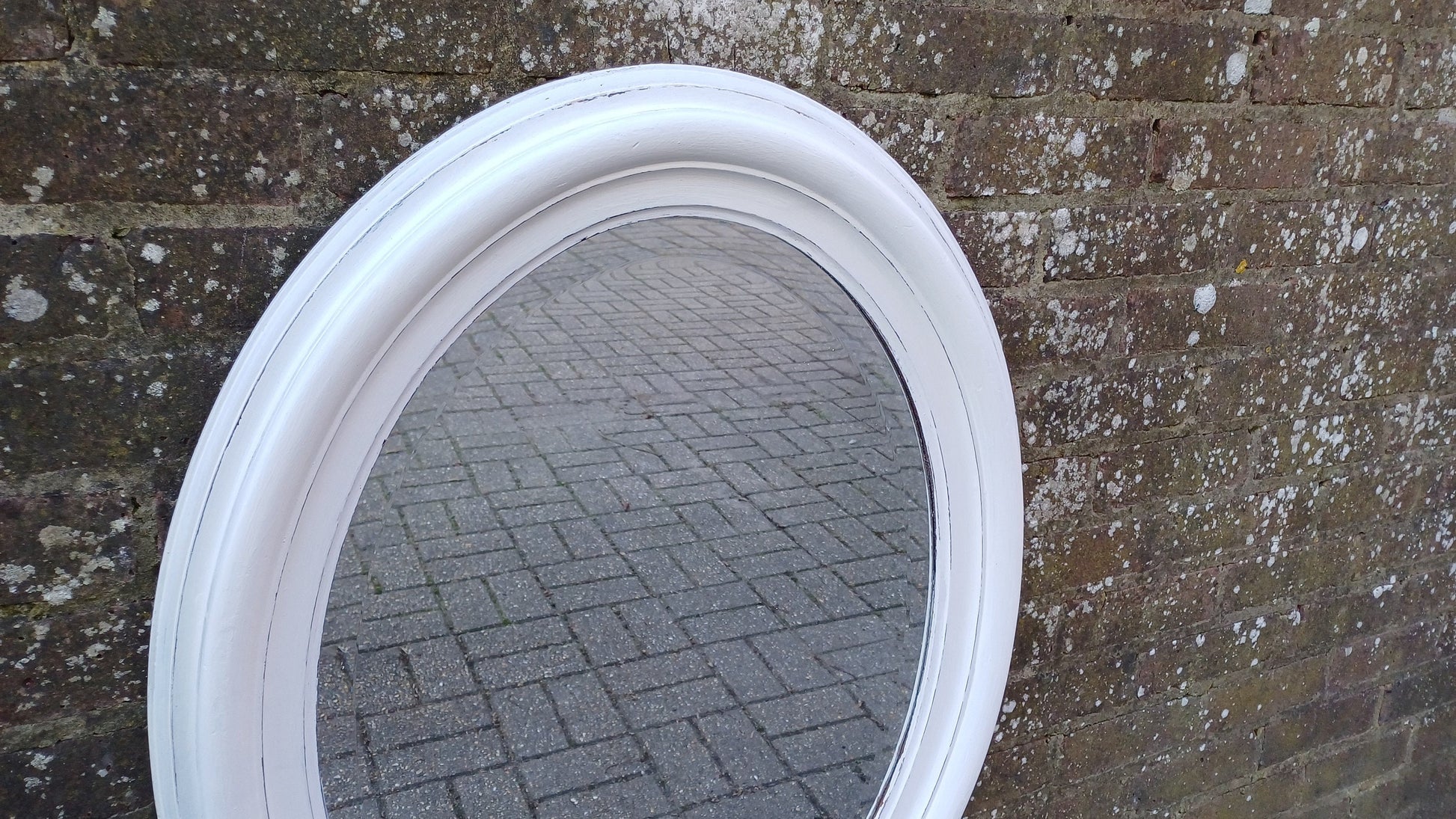 Large Vintage Unique Painted Shabby Chic Oval Mirror in Farrow and Ball Wimborne White 88 x 68 cm