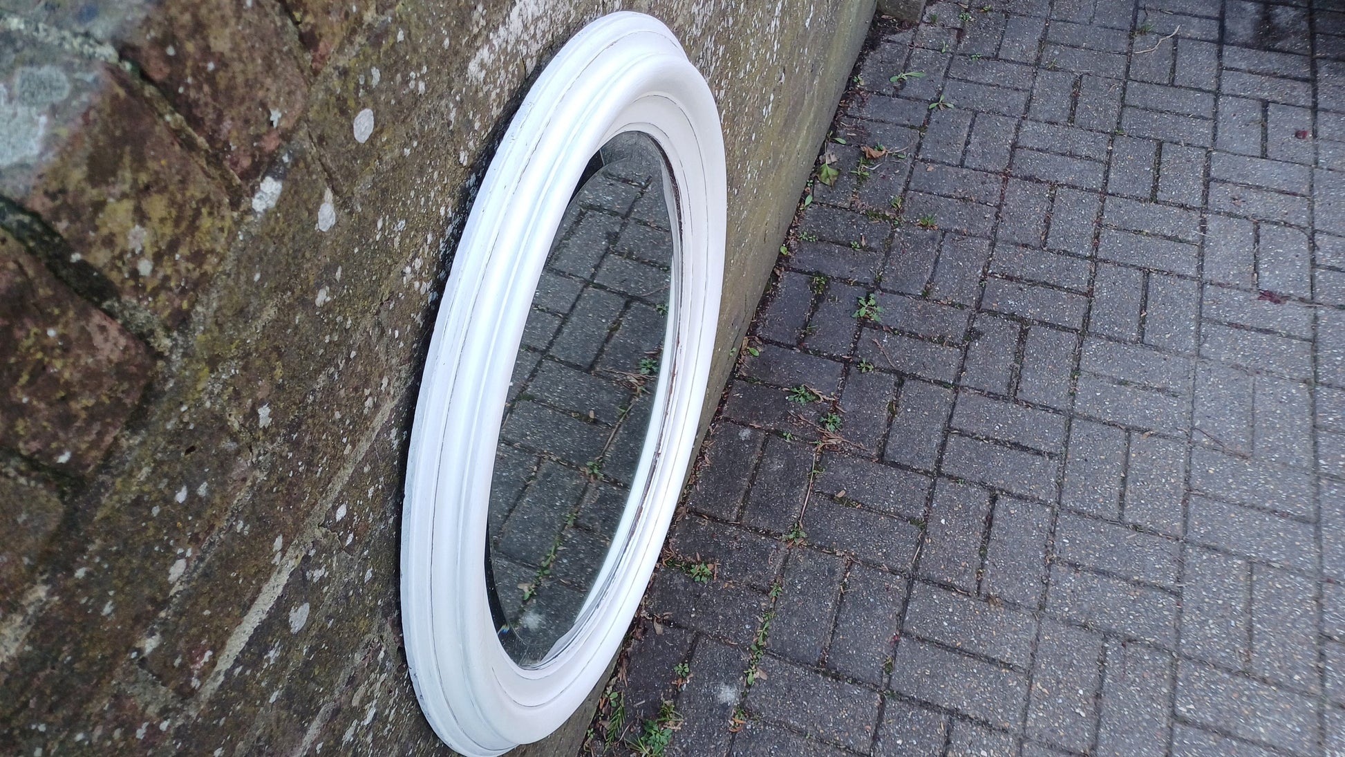 Large Vintage Unique Painted Shabby Chic Oval Mirror in Farrow and Ball Wimborne White 88 x 68 cm