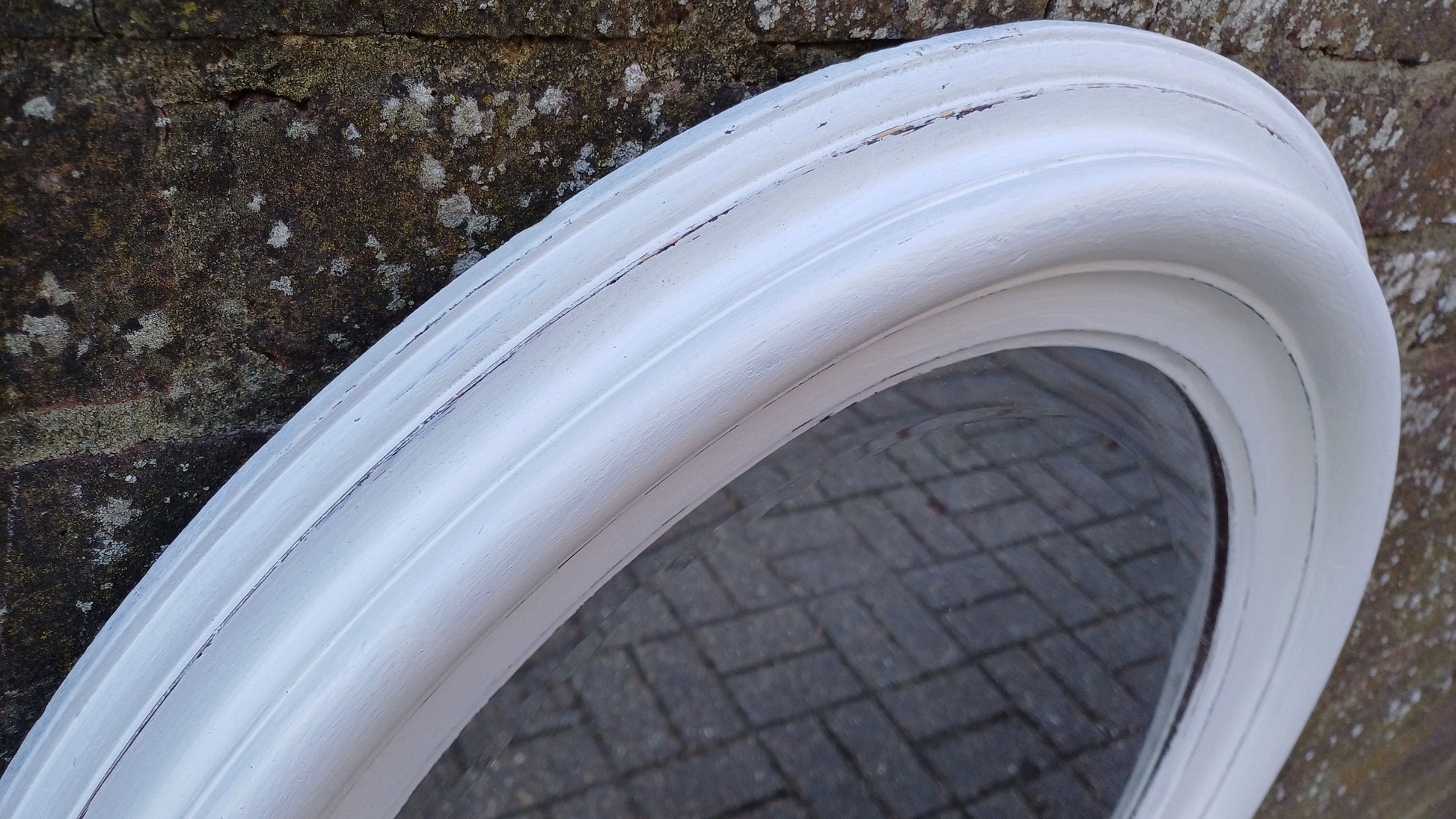 Large Vintage Unique Painted Shabby Chic Oval Mirror in Farrow and Ball Wimborne White 88 x 68 cm
