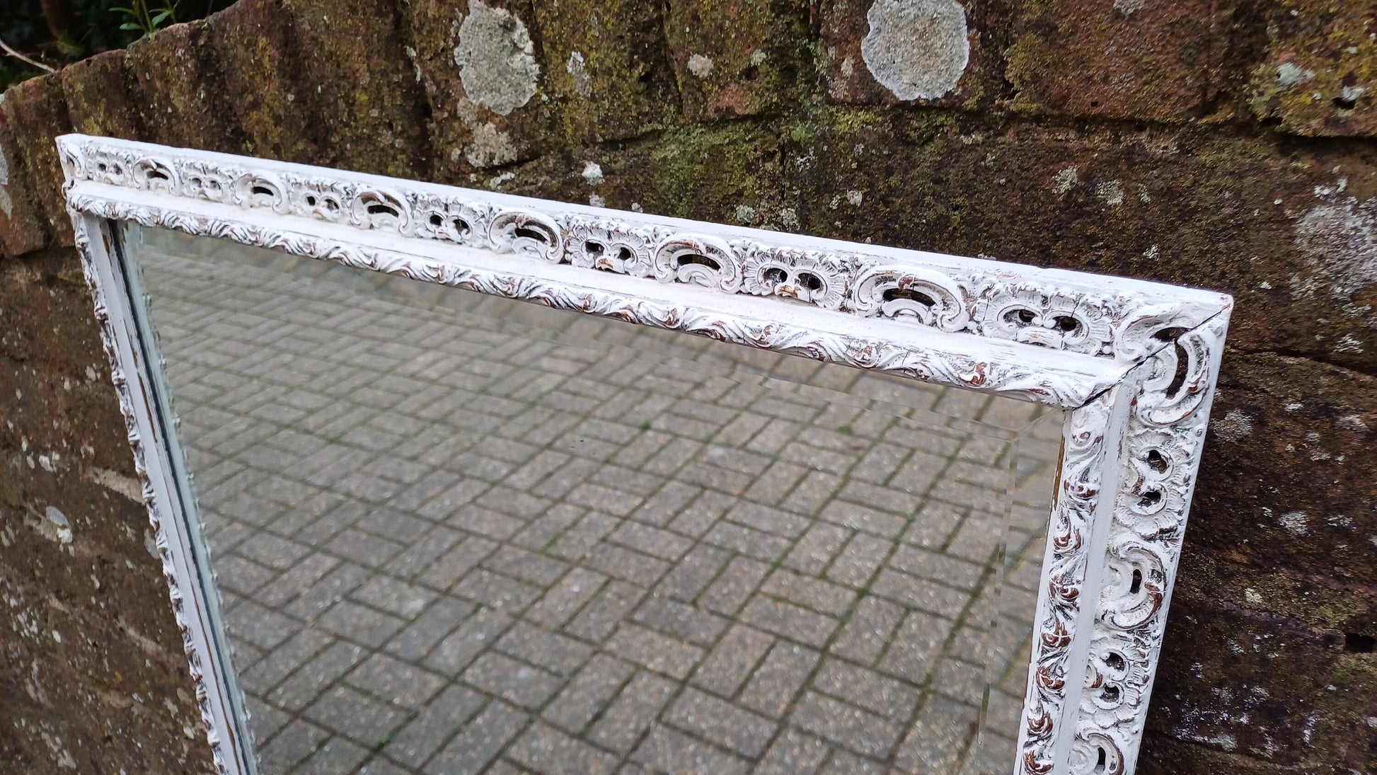 Large Vintage Unique Pierced Painted Shabby Chic Mirror in Farrow and Ball Wimborne White 83 x 57 cm