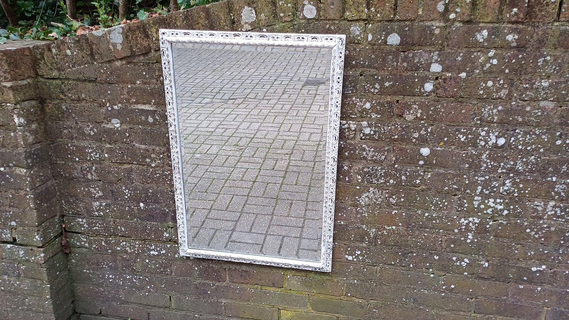 Large Vintage Unique Pierced Painted Shabby Chic Mirror in Farrow and Ball Wimborne White 83 x 57 cm
