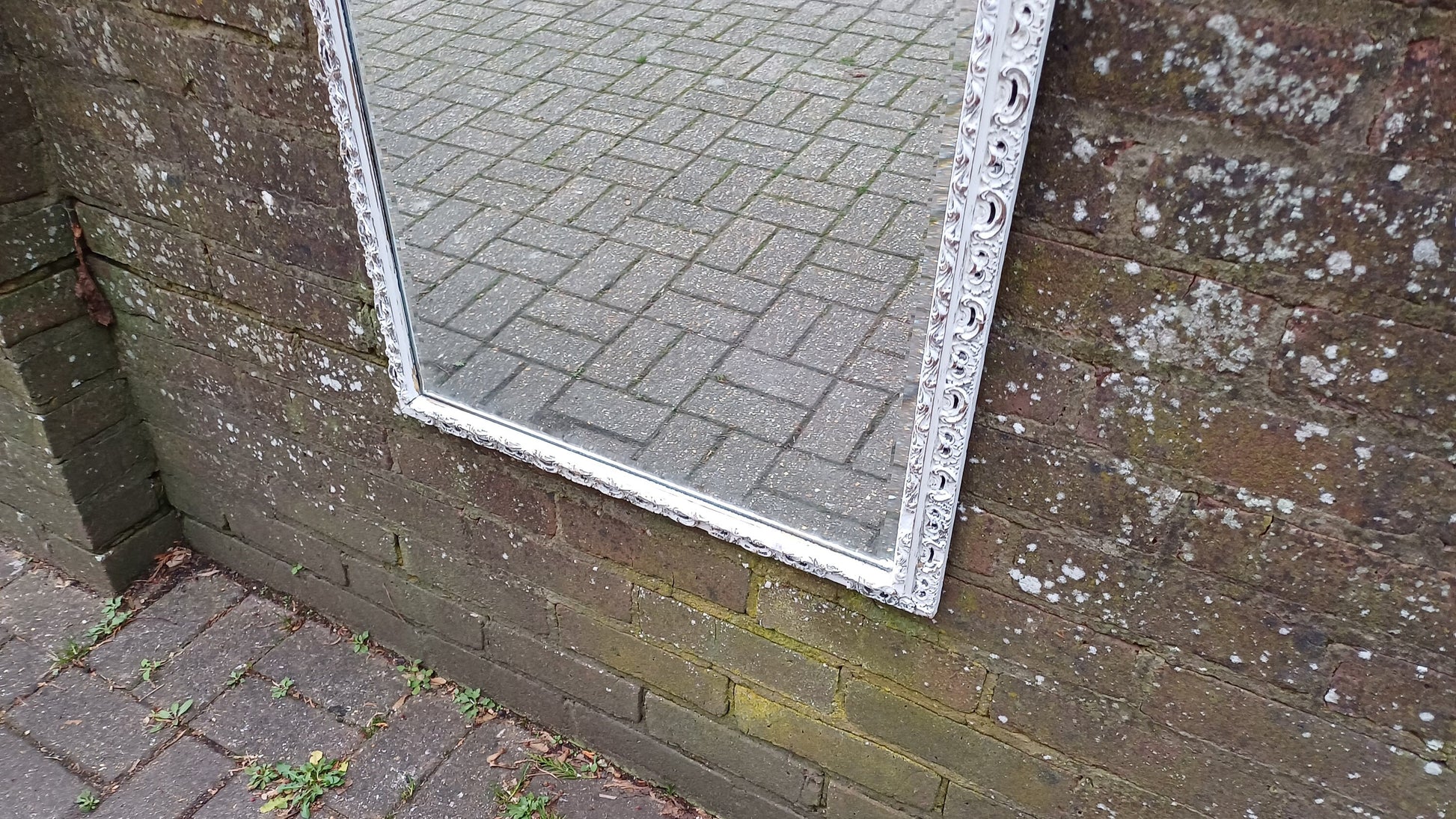 Large Vintage Unique Pierced Painted Shabby Chic Mirror in Farrow and Ball Wimborne White 83 x 57 cm