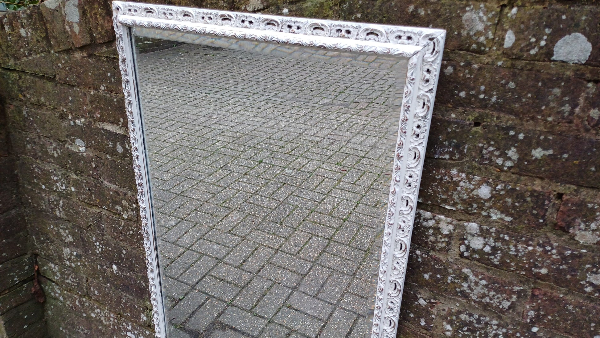 Large Vintage Unique Pierced Painted Shabby Chic Mirror in Farrow and Ball Wimborne White 83 x 57 cm