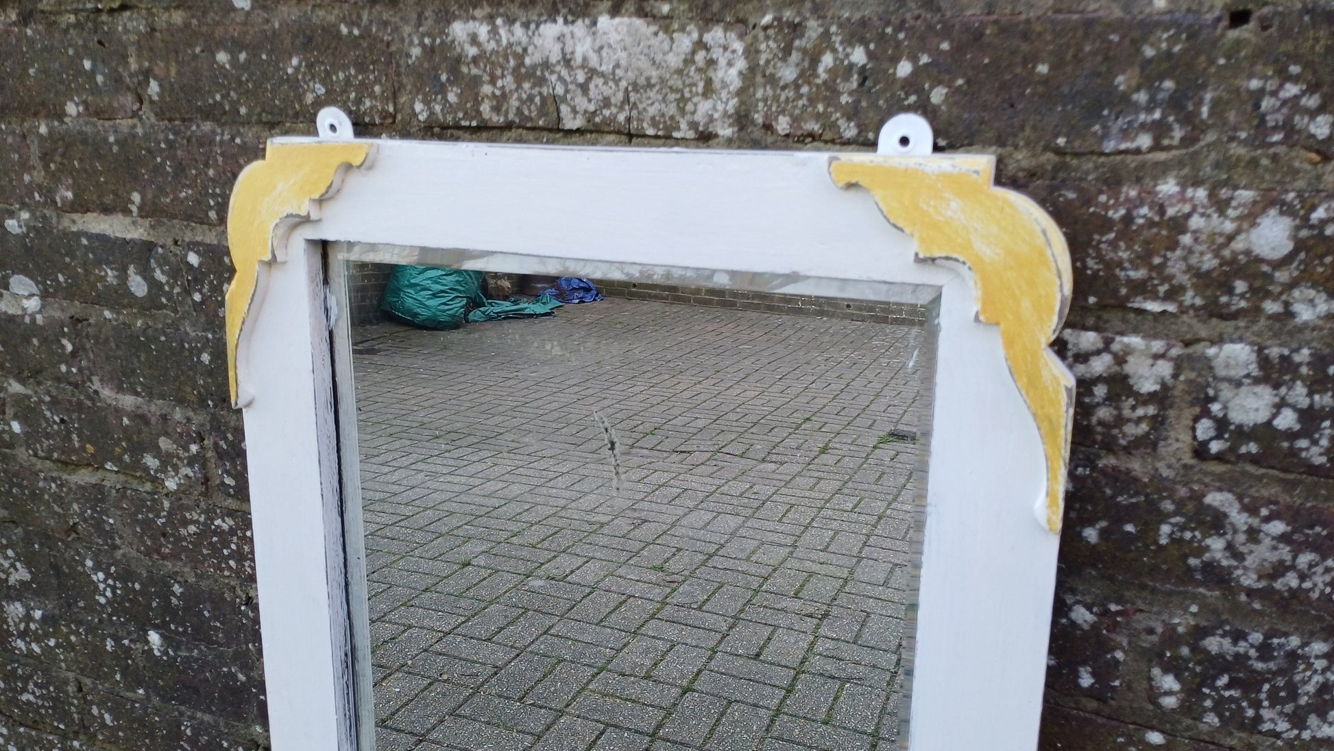 Tall Quality Oak Vintage Unique Painted Shabby Chic Mirror in Farrow and Ball Wimborne White and God Highlights.