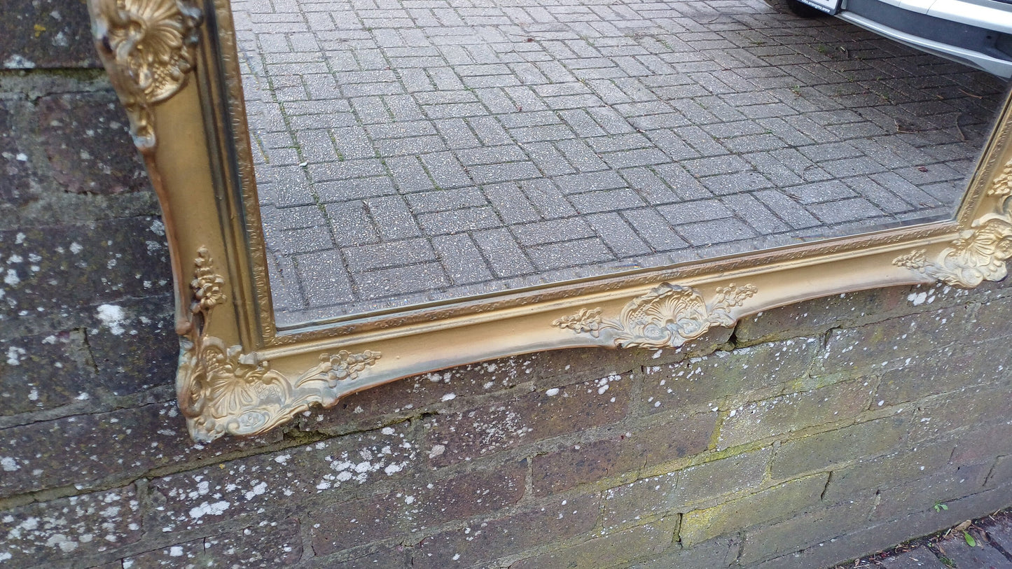 Large Vintage 70s Composite Moulded Gold Gilt Wall Mirror. Swept Frame.