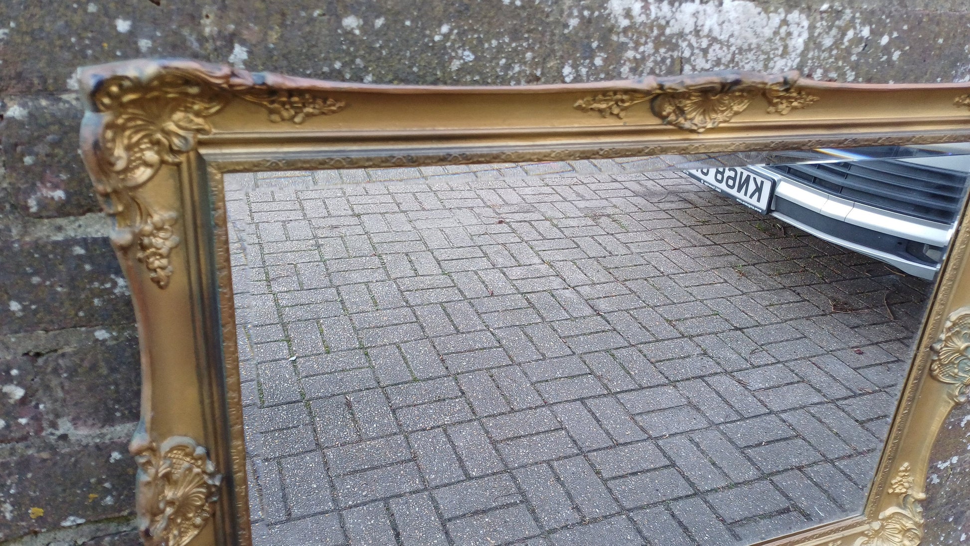 Large Vintage 70s Composite Moulded Gold Gilt Wall Mirror. Swept Frame.