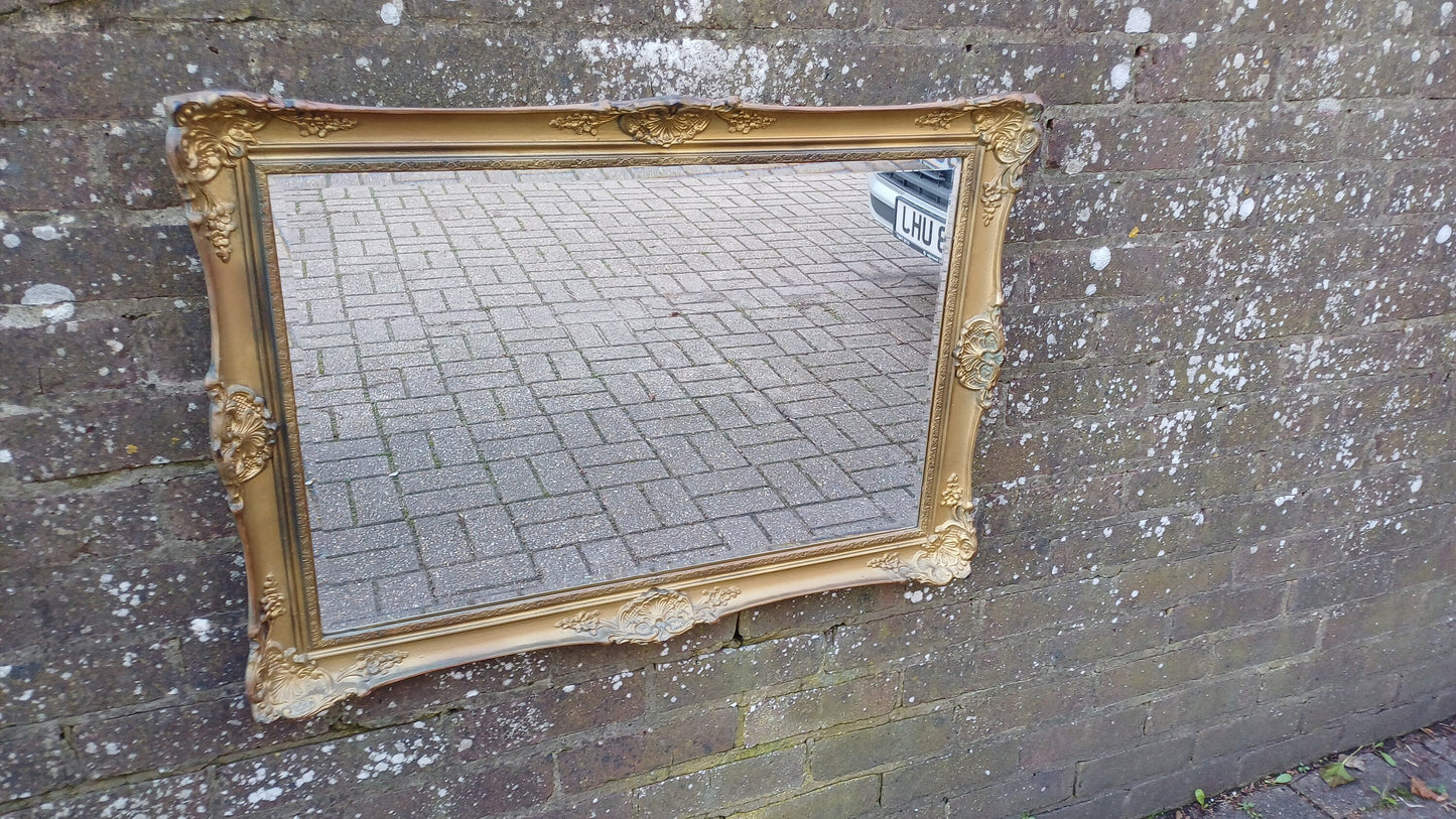 Large Vintage 70s Composite Moulded Gold Gilt Wall Mirror. Swept Frame.