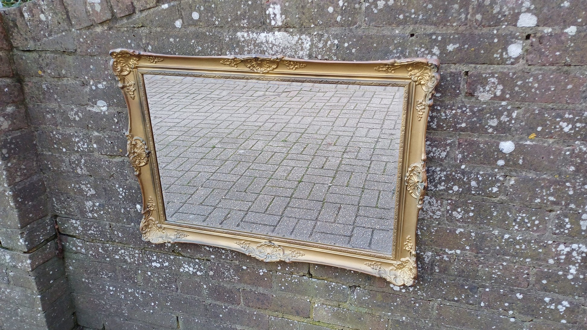 Large Vintage 70s Composite Moulded Gold Gilt Wall Mirror. Swept Frame.