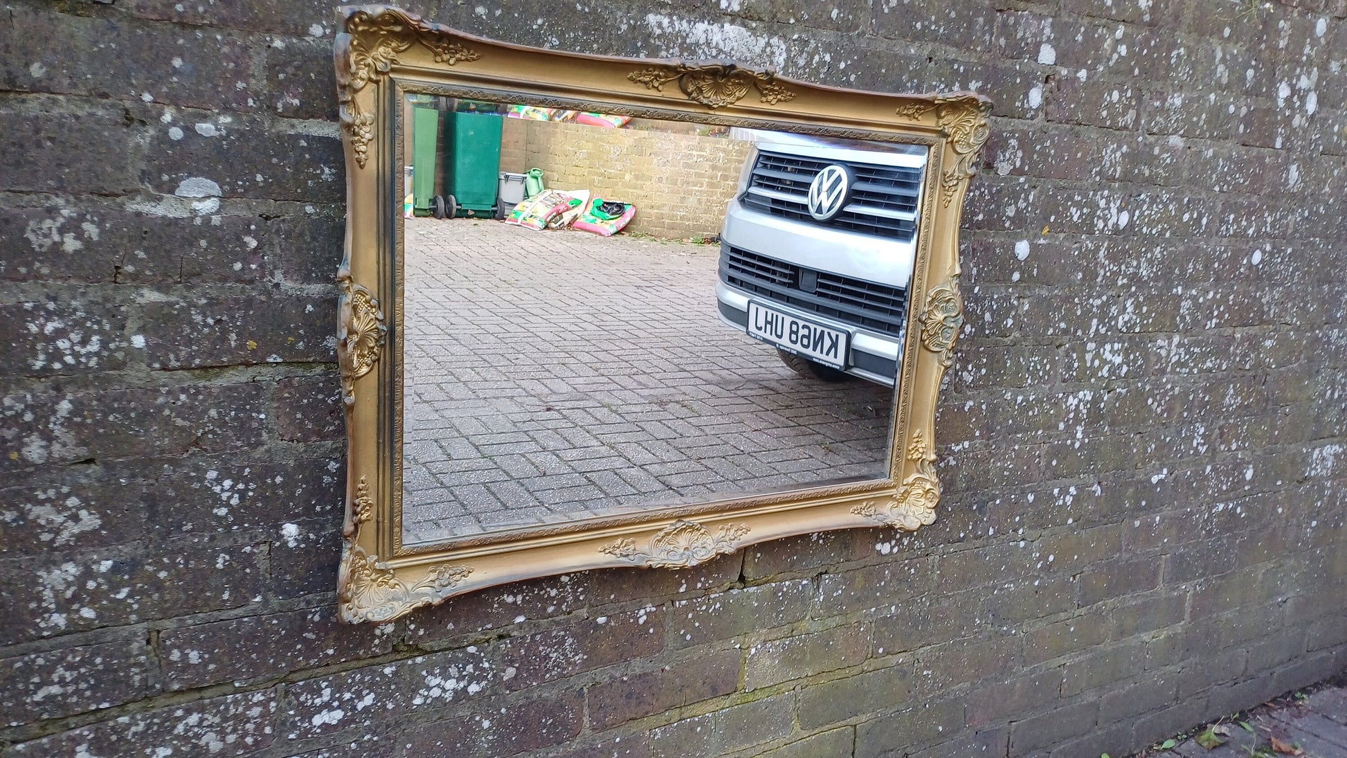 Large Vintage 70s Composite Moulded Gold Gilt Wall Mirror. Swept Frame.