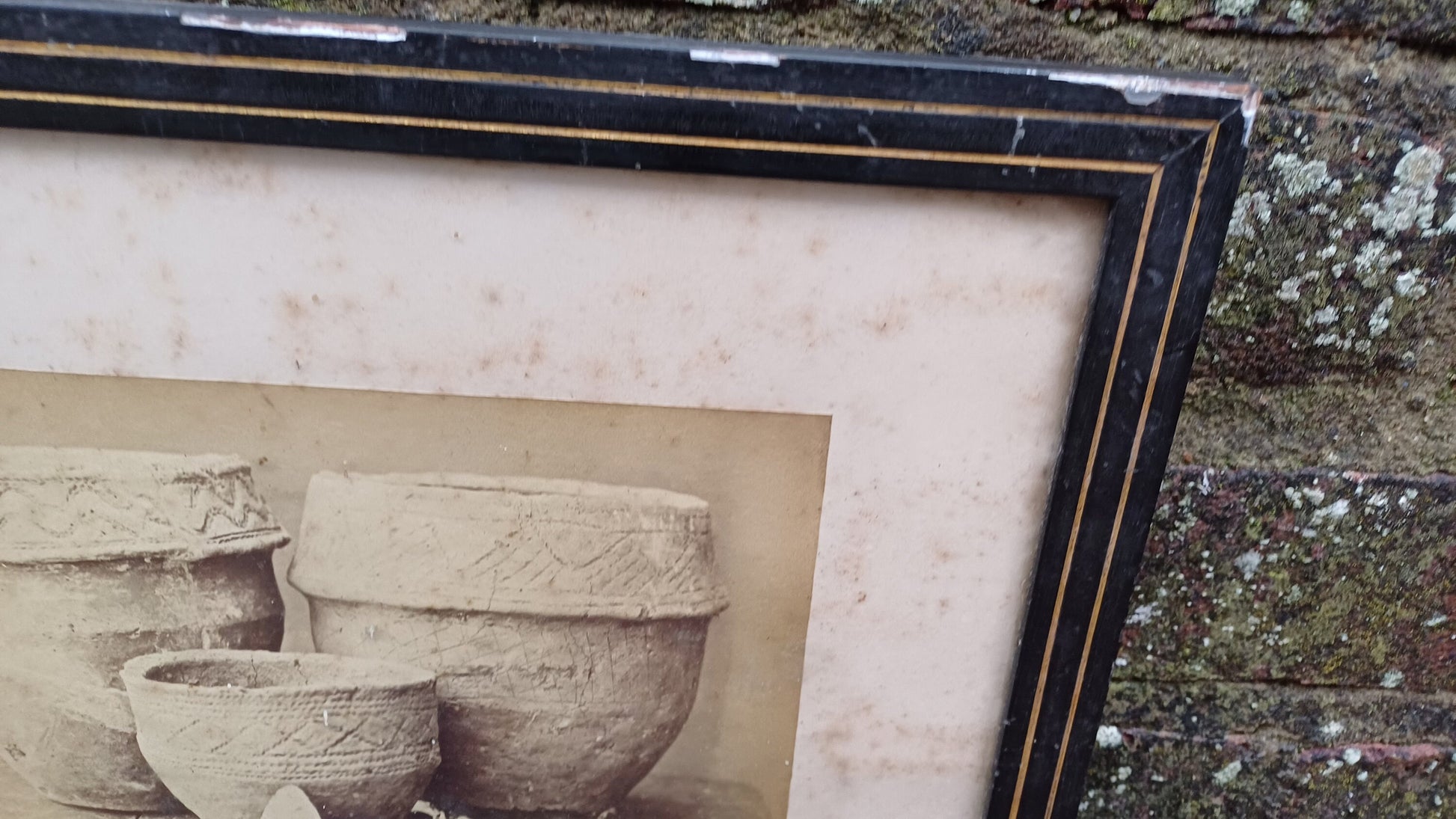 Antique vintage print / photo of Urns and Flint Arrowheads Tomont End 1881 Cumbray (Scotland) in glazed antique black and gold frame
