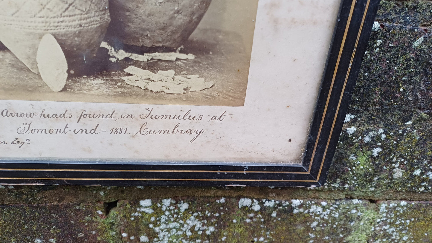 Antique vintage print / photo of Urns and Flint Arrowheads Tomont End 1881 Cumbray (Scotland) in glazed antique black and gold frame