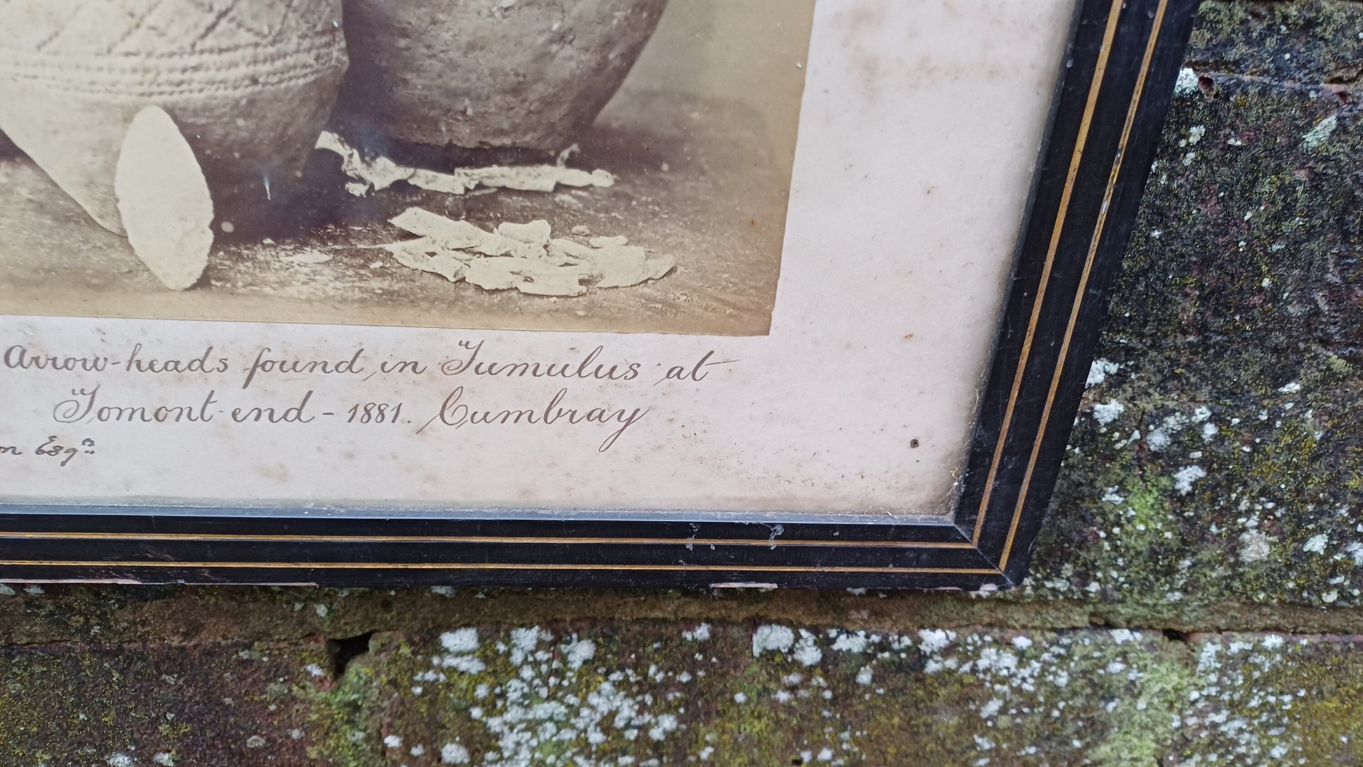 Antique vintage print / photo of Urns and Flint Arrowheads Tomont End 1881 Cumbray (Scotland) in glazed antique black and gold frame