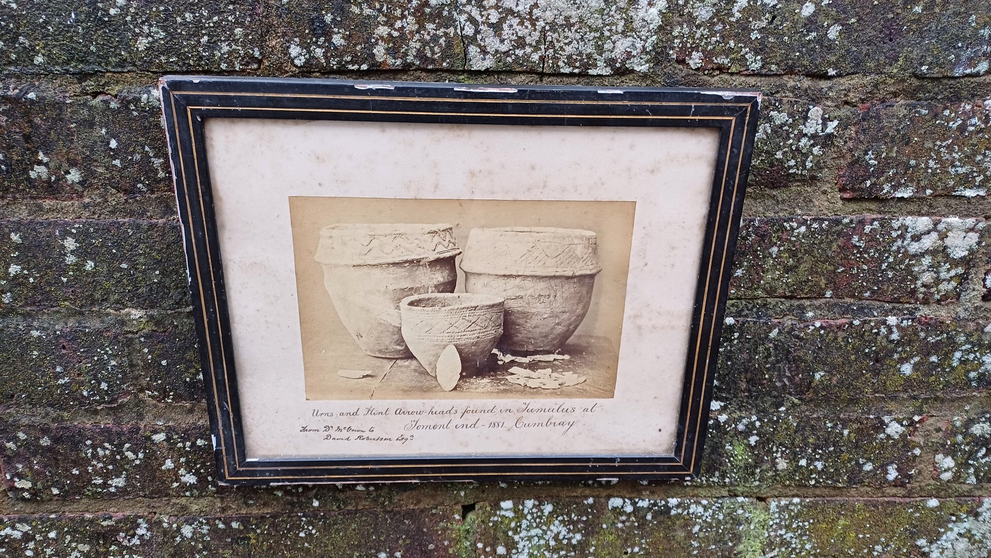 Antique vintage print / photo of Urns and Flint Arrowheads Tomont End 1881 Cumbray (Scotland) in glazed antique black and gold frame