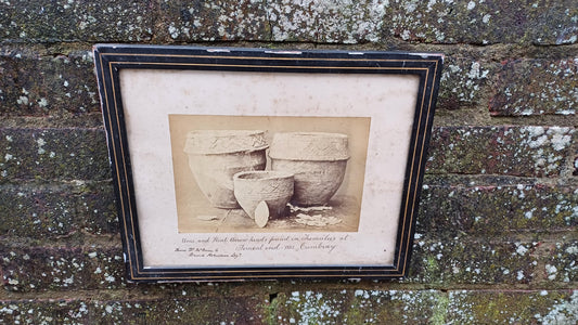 Antique vintage print / photo of Urns and Flint Arrowheads Tomont End 1881 Cumbray (Scotland) in glazed antique black and gold frame