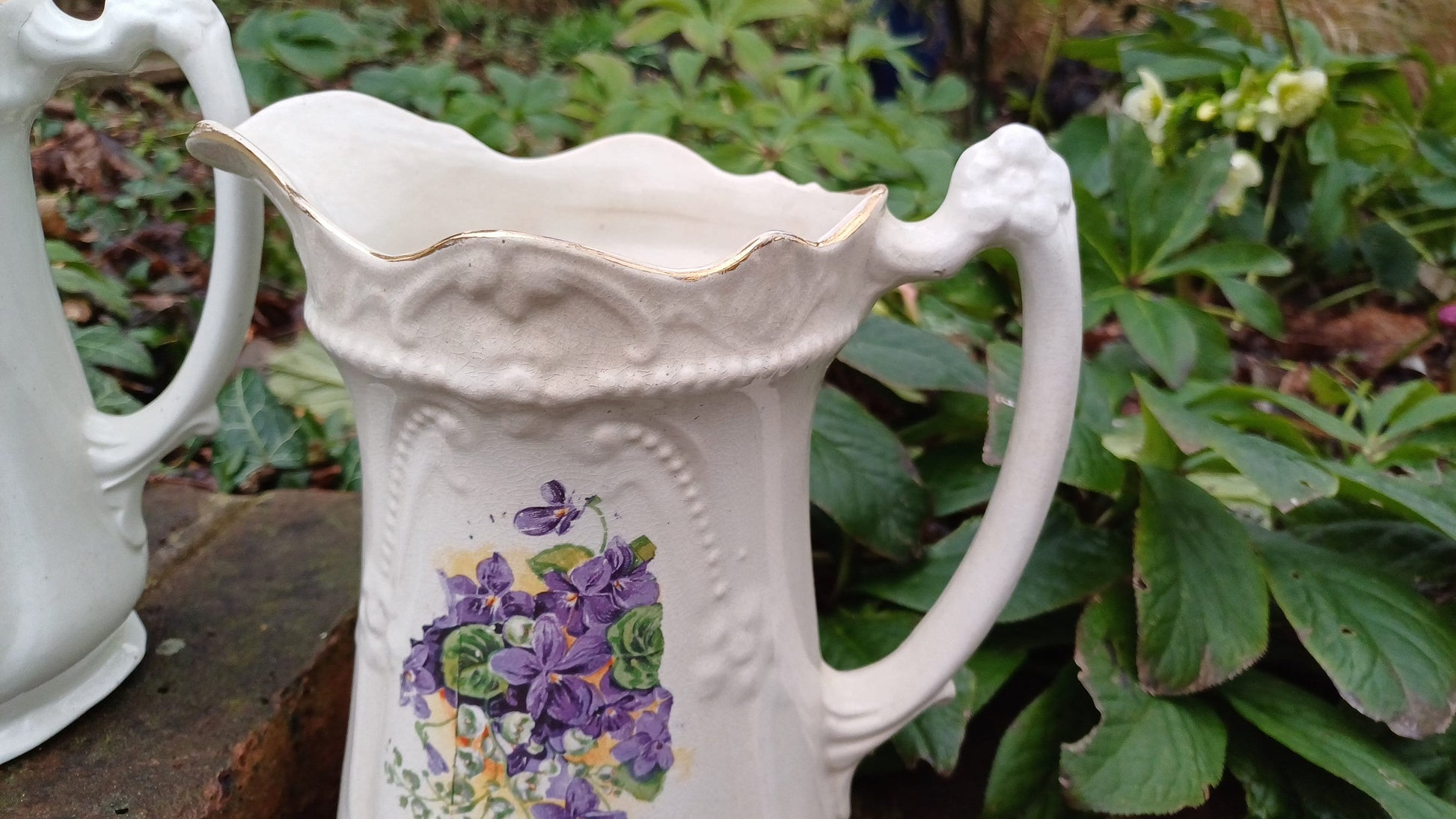 Victorian Jugs - two matching - large and medium size - floral and gilt detail
