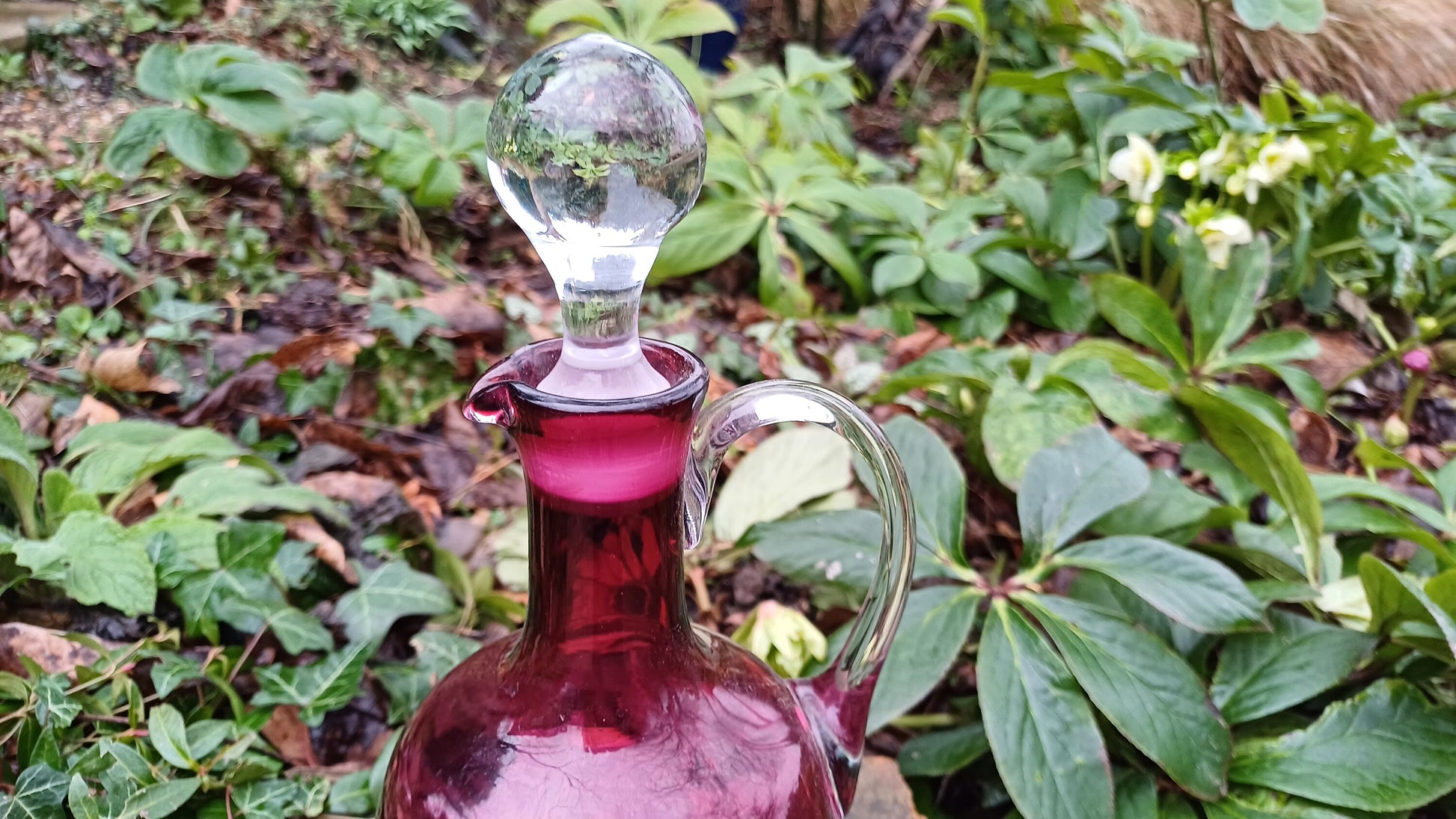 Vintage Cranberry Decanter - handblown pontil - clear handle and stopper -
