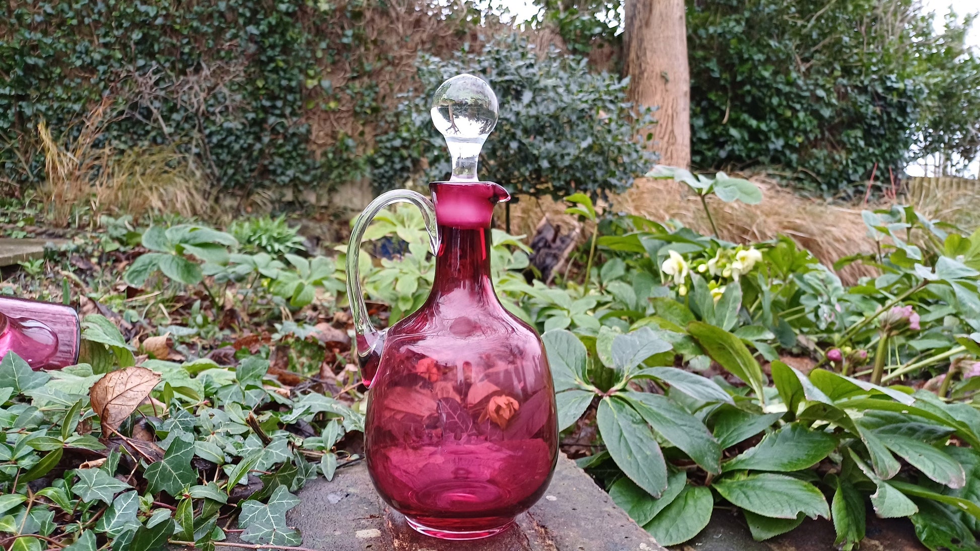 Vintage Cranberry Decanter - handblown pontil - clear handle and stopper -