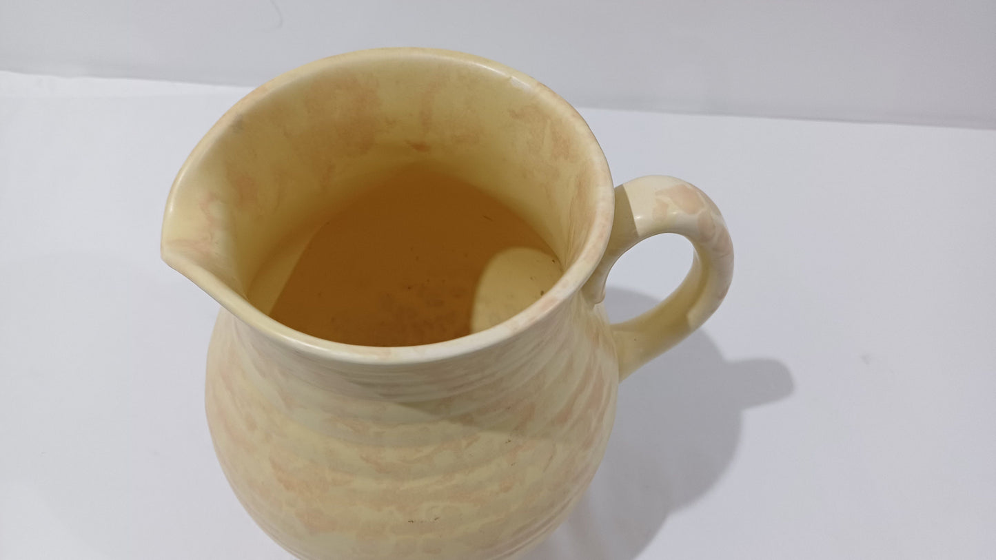 Cream Arthur Wood Vintage Jug Vase - pink mottled pattern - ribbed detail - large jug vase