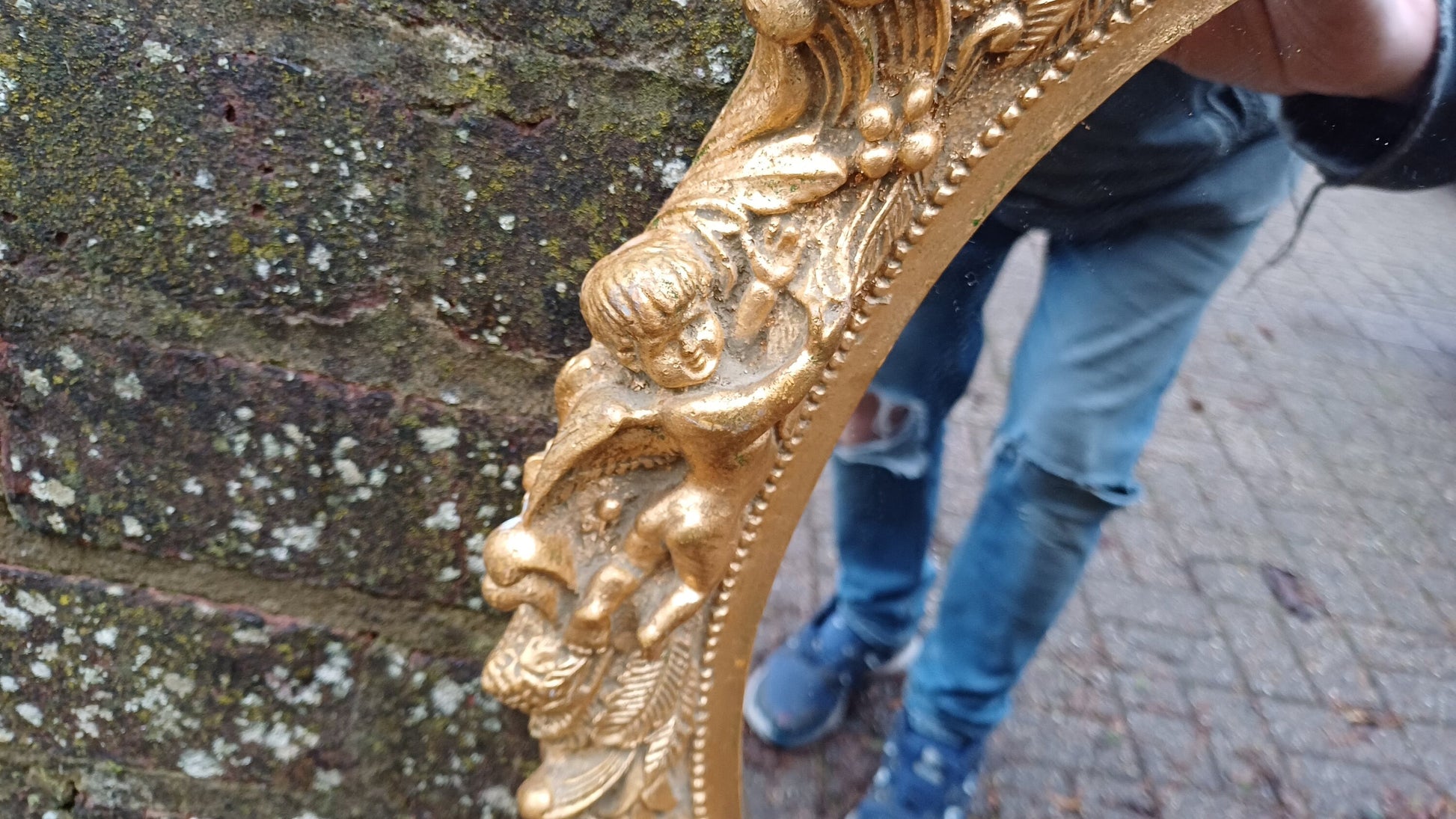 Vintage Composite Cherub Gold Gilt Decorative Mirror.