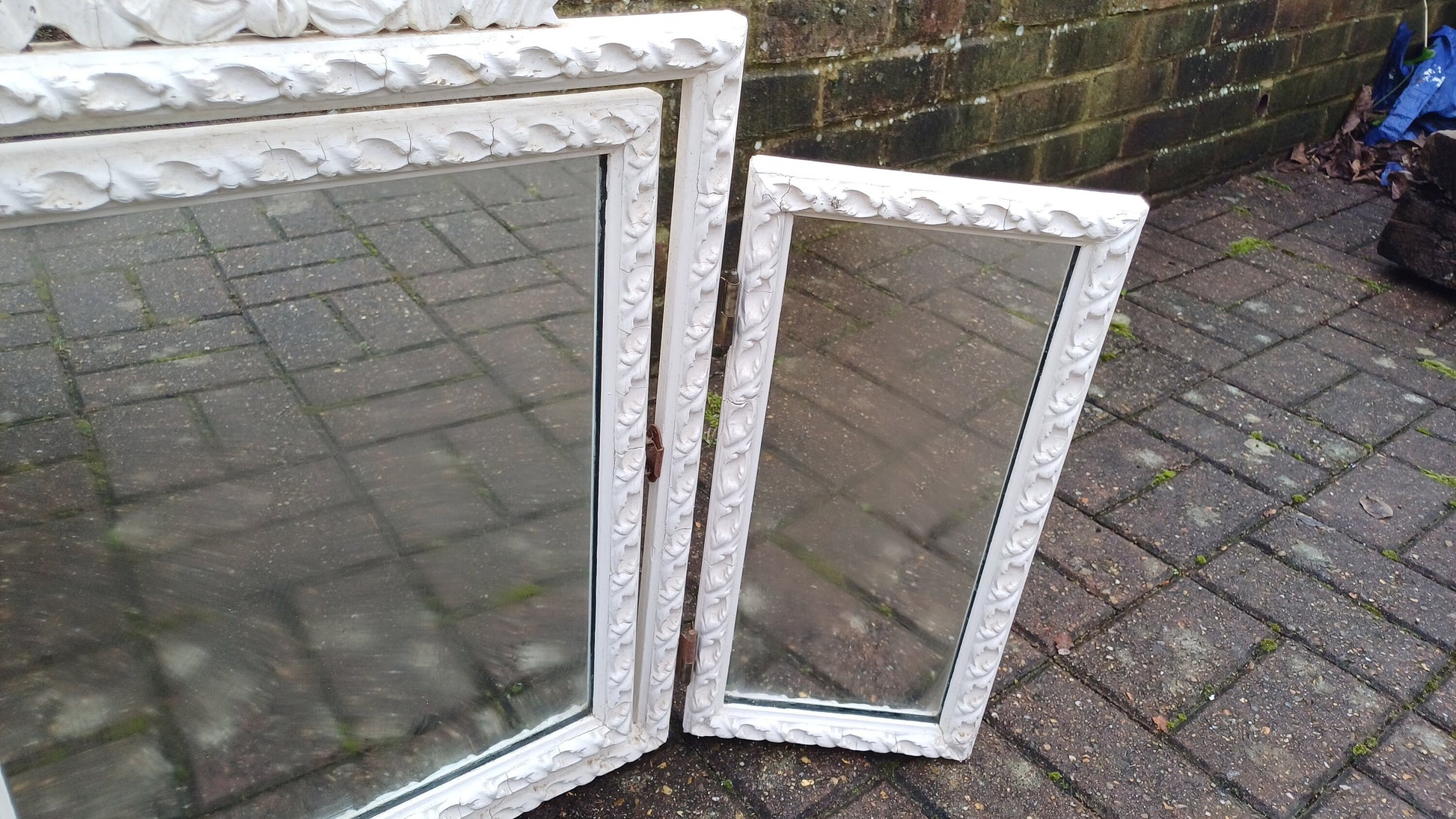 Vintage Painted Wooden Triple Dressing Table Mirror Adjustable Ribbon Decoration.