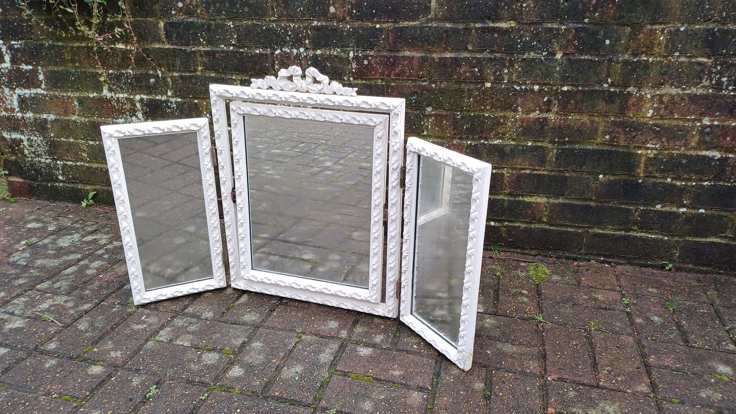 Vintage Painted Wooden Triple Dressing Table Mirror Adjustable Ribbon Decoration.