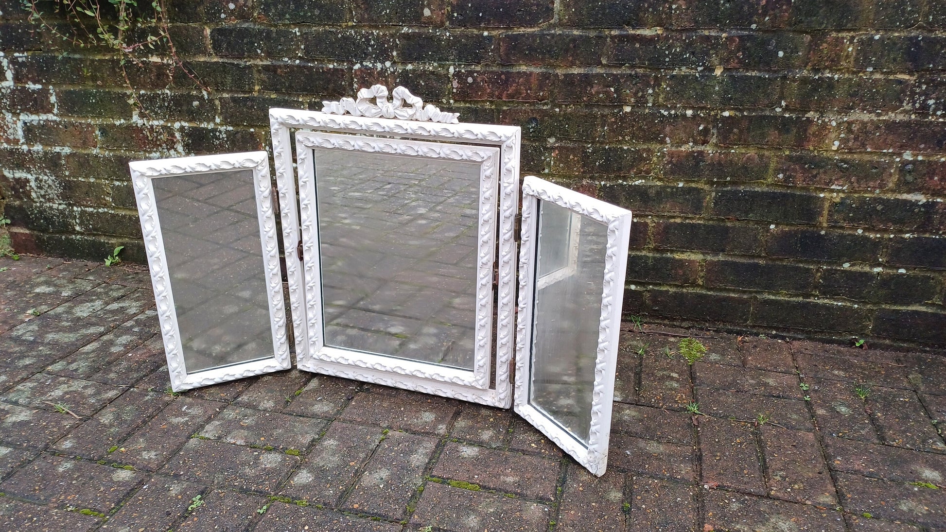 Vintage Painted Wooden Triple Dressing Table Mirror Adjustable Ribbon Decoration.