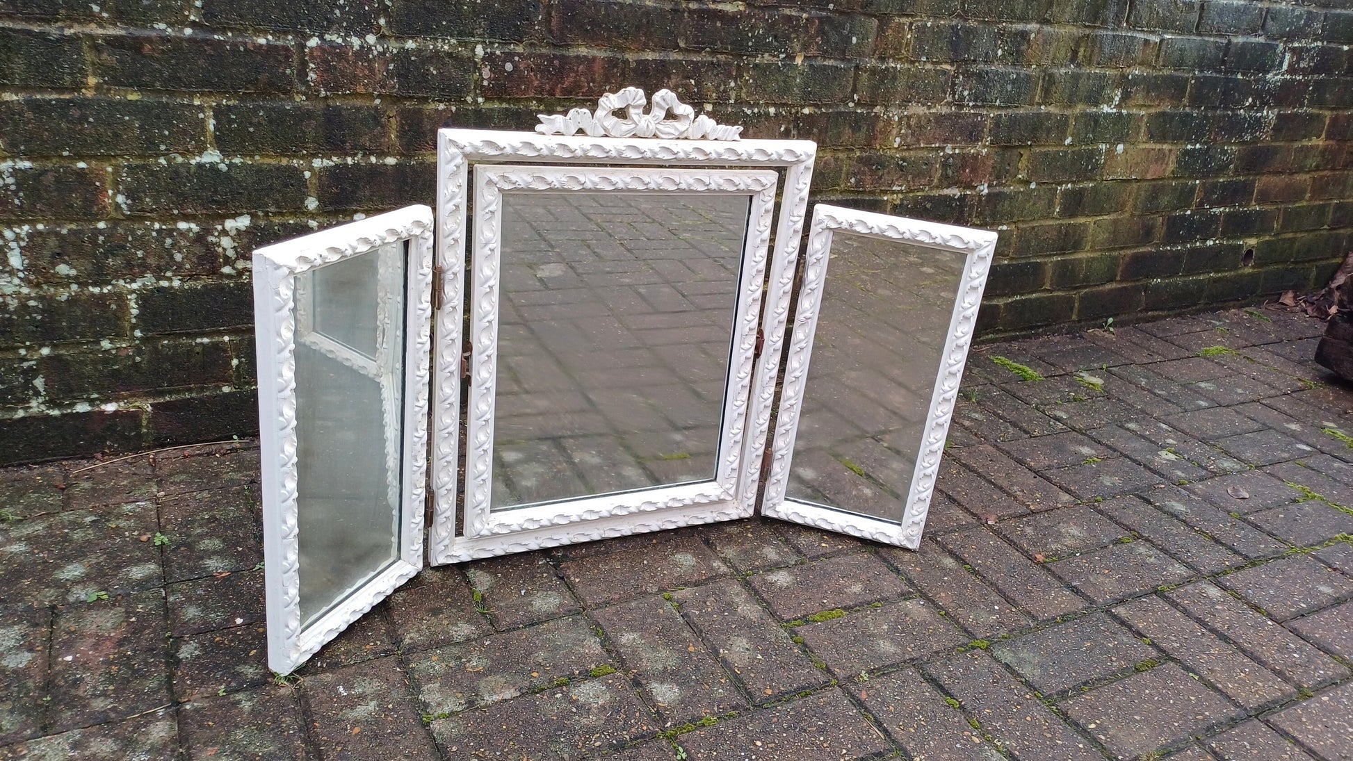 Vintage Painted Wooden Triple Dressing Table Mirror Adjustable Ribbon Decoration.