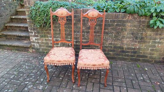 Pair of c1900 Vintage Upholstered Dining Bedroom Occasional Chairs Mid-European. Art Nouveau.