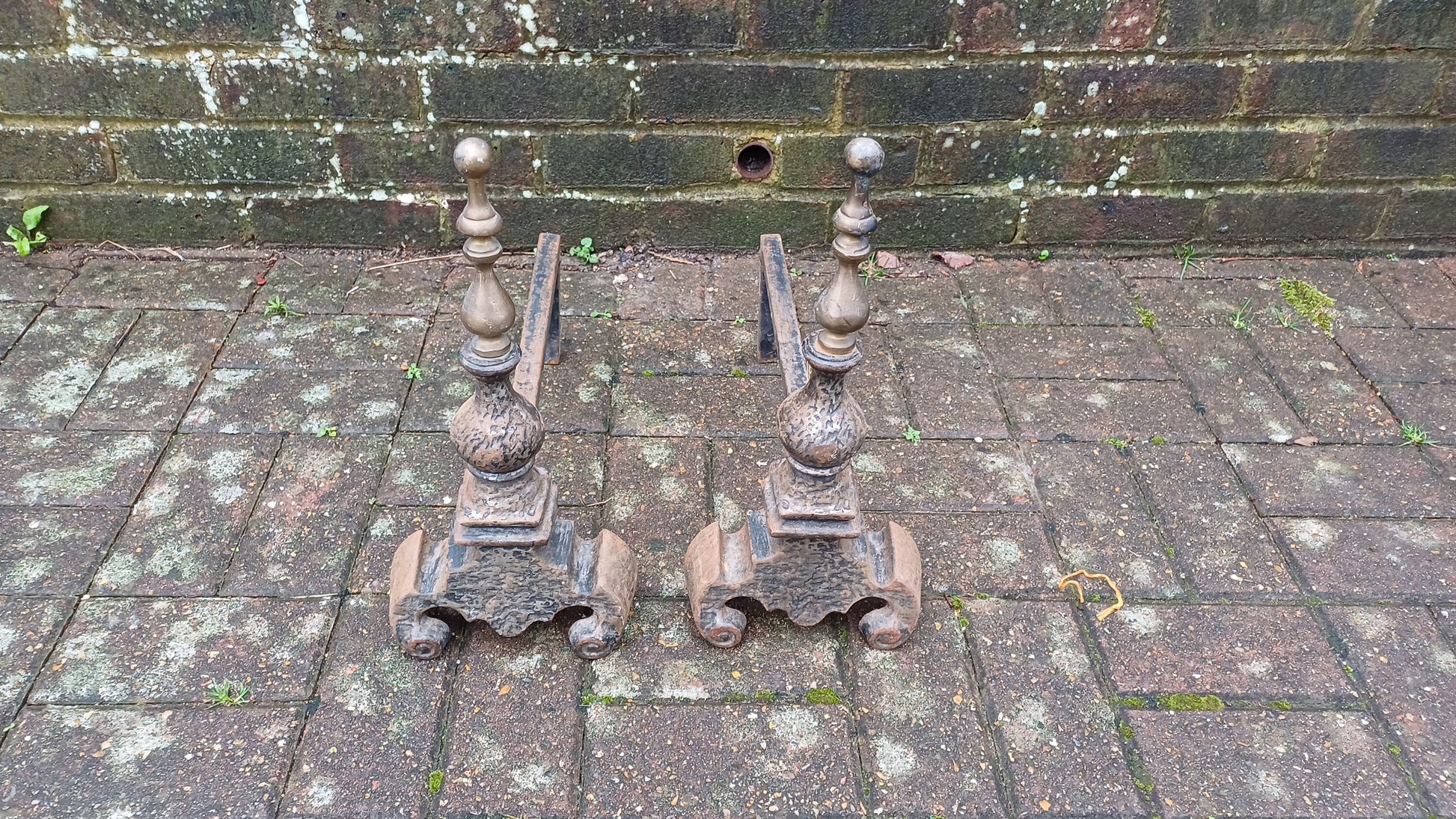 Pair of Vintage Brass and Iron Fire Dogs Fireplace Decor Possibly Continental.