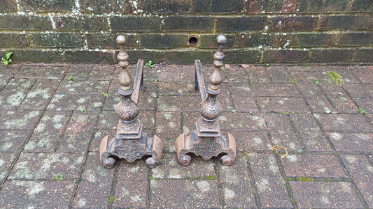 Pair of Vintage Brass and Iron Fire Dogs Fireplace Decor Possibly Continental.