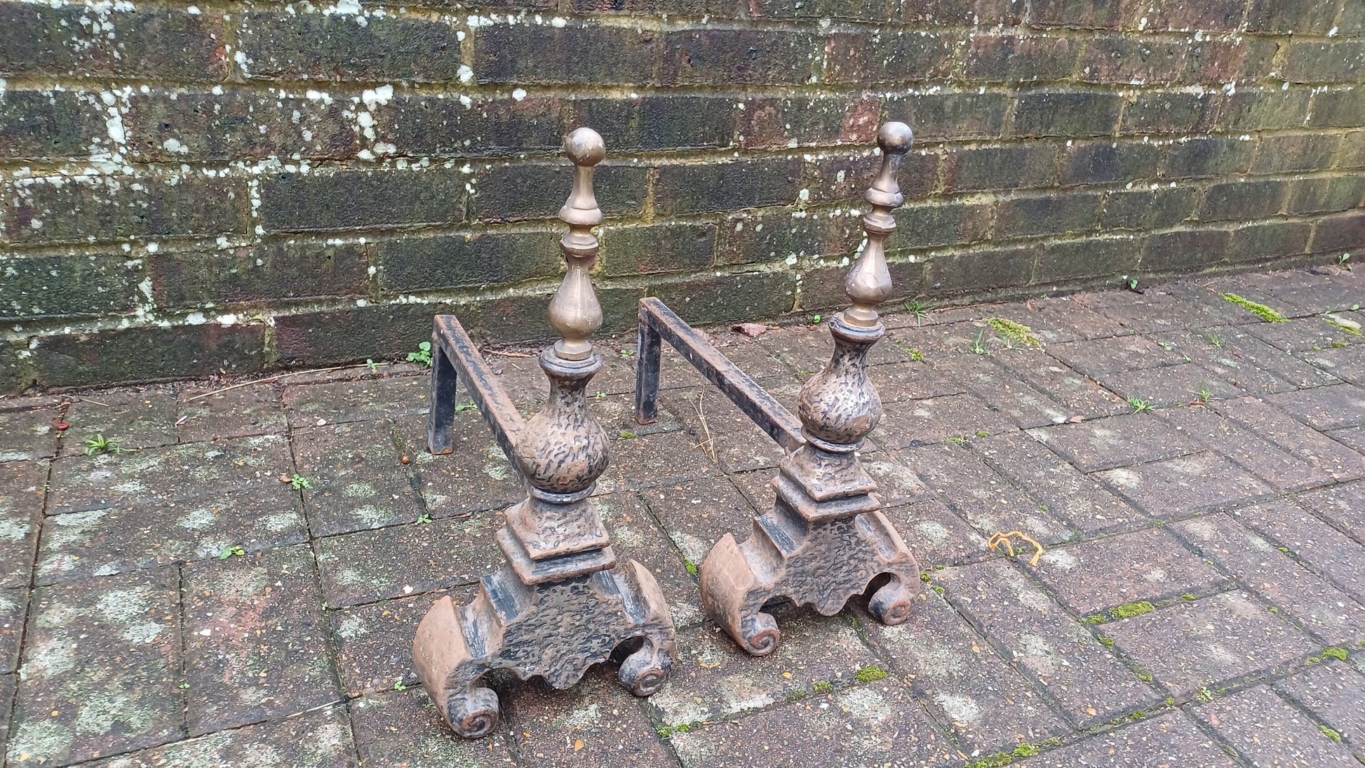 Pair of Vintage Brass and Iron Fire Dogs Fireplace Decor Possibly Continental.