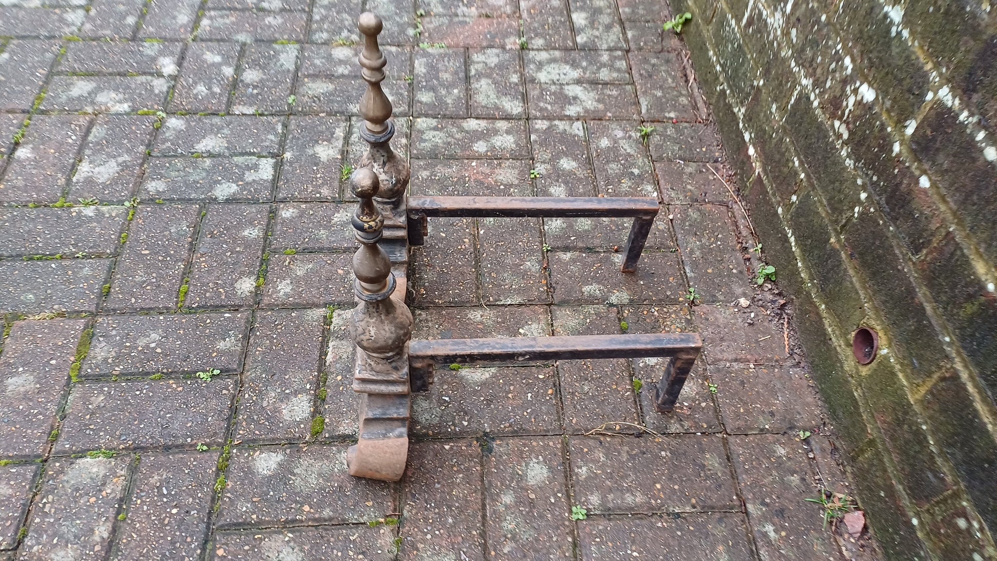 Pair of Vintage Brass and Iron Fire Dogs Fireplace Decor Possibly Continental.