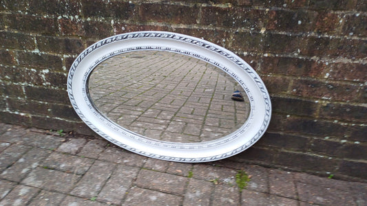 Large Vintage Painted Oval Mirror in Farrow and Ball Wimborne White.