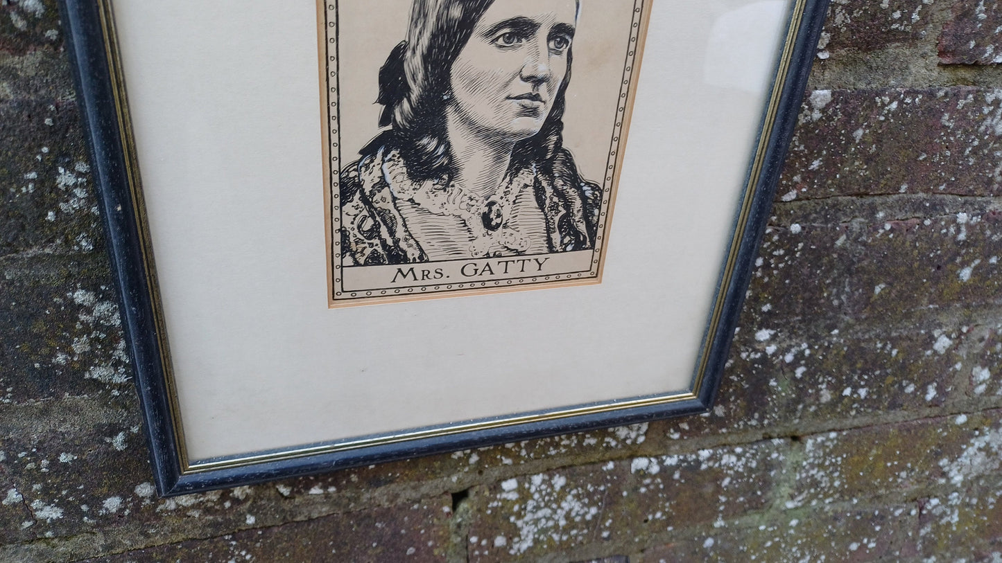 Vintage Print (or original?) Ink Drawing of Mrs Gatty/Margaret Gatty - Victorian children's author and marine scientist, framed in Sussex