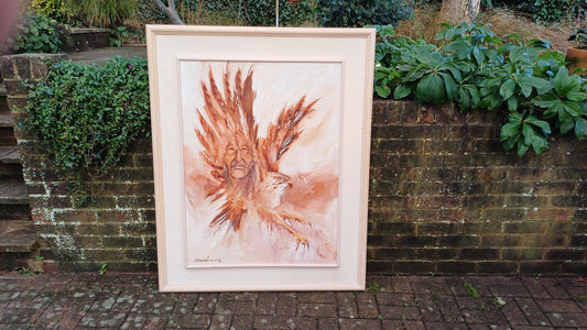 Huge Statement Piece Vintage 1987 Oil Acrylic Native American Nestled Within the Wings of an Eagle Myths and Legends