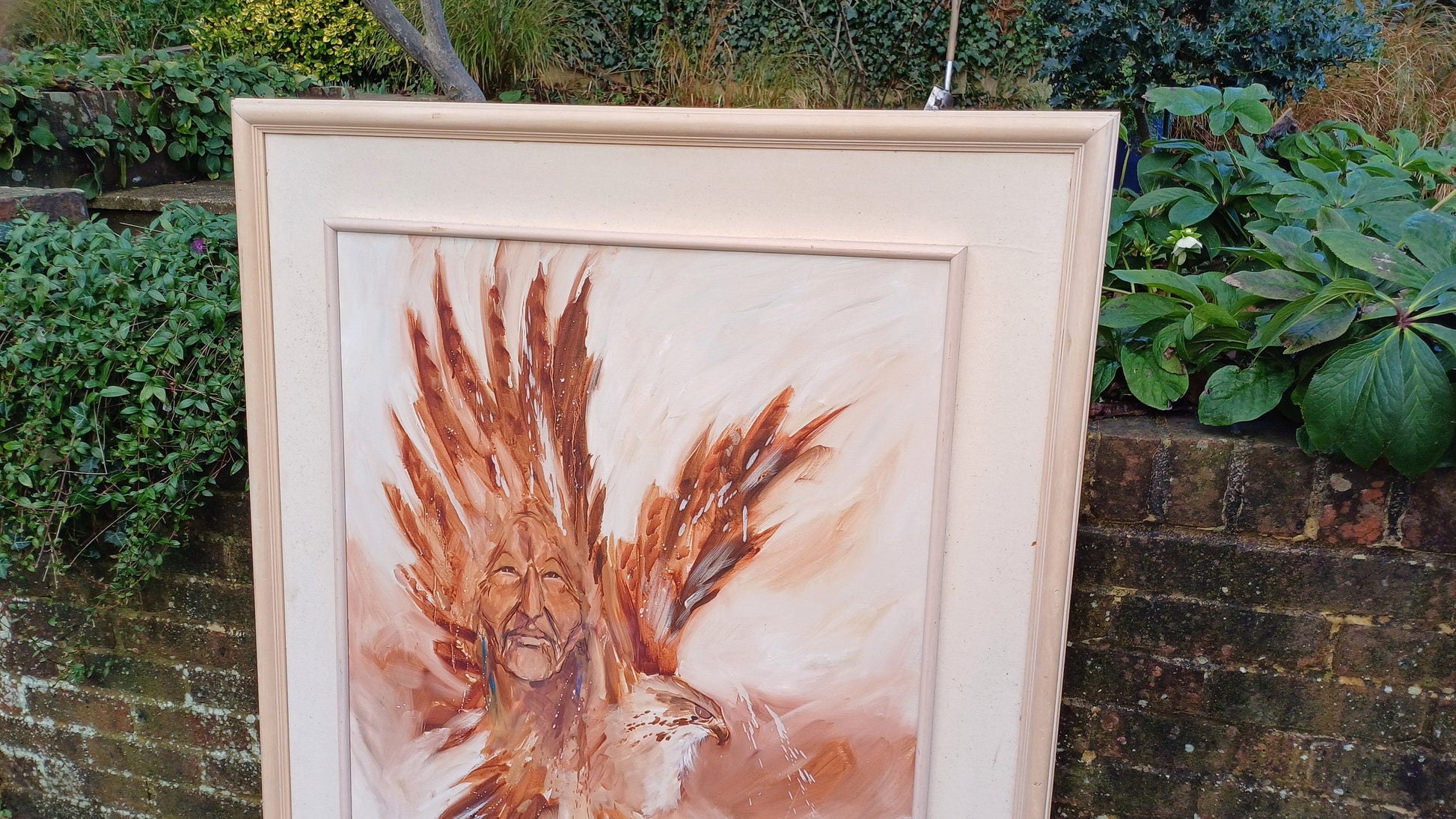Huge Statement Piece Vintage 1987 Oil Acrylic Native American Nestled Within the Wings of an Eagle Myths and Legends