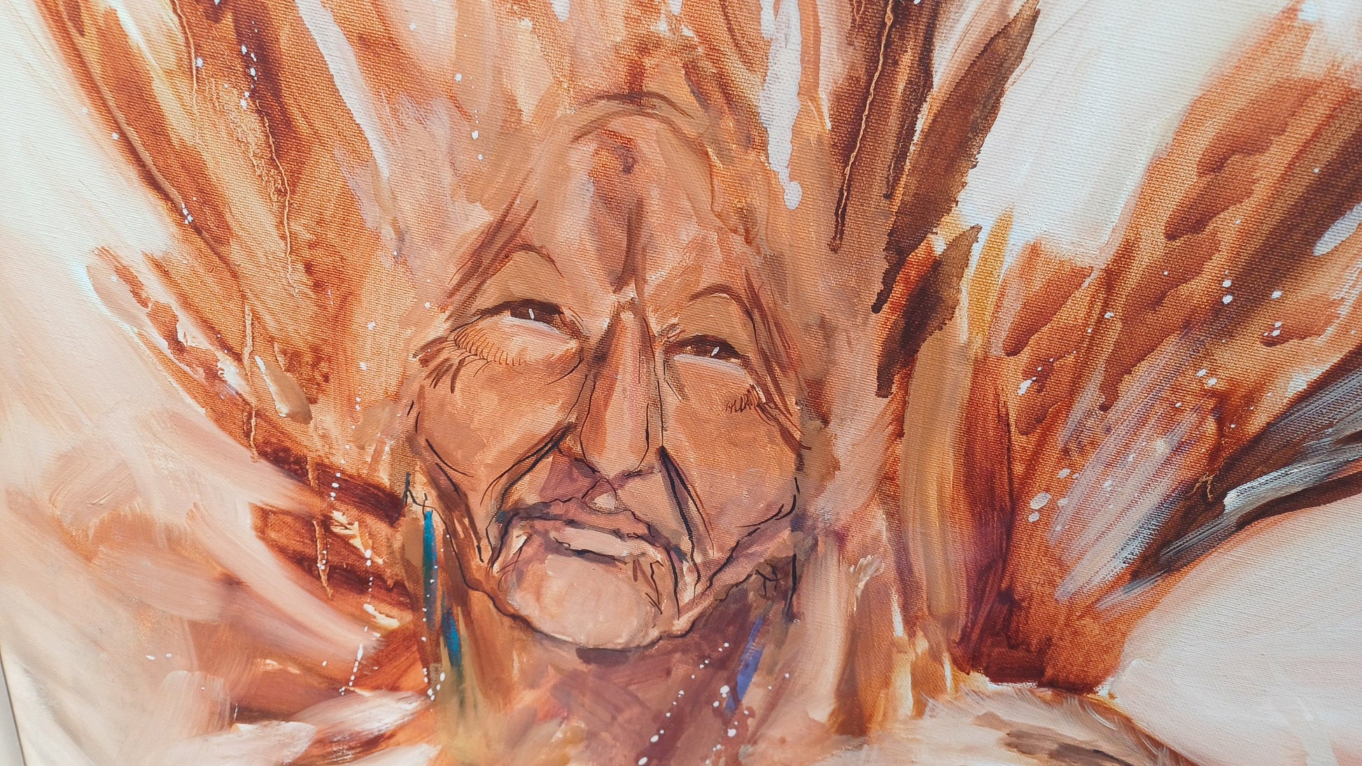 Huge Statement Piece Vintage 1987 Oil Acrylic Native American Nestled Within the Wings of an Eagle Myths and Legends
