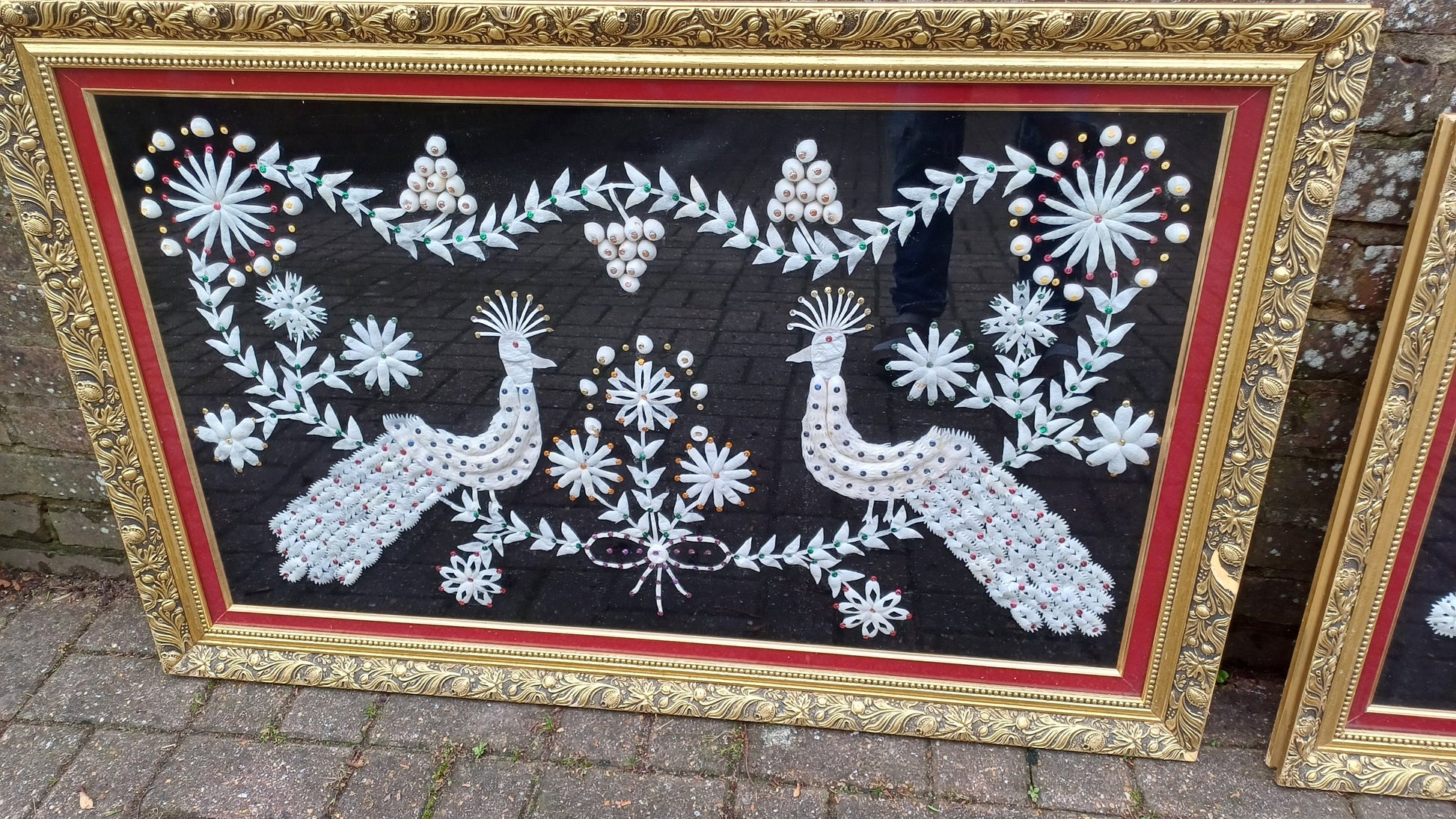 Superb Rare and Quirky Large Pair Possibly Indian Asian Peacock Bird of Paradise and Lover's Craft Fabric Collage in Gold Wooden Frames