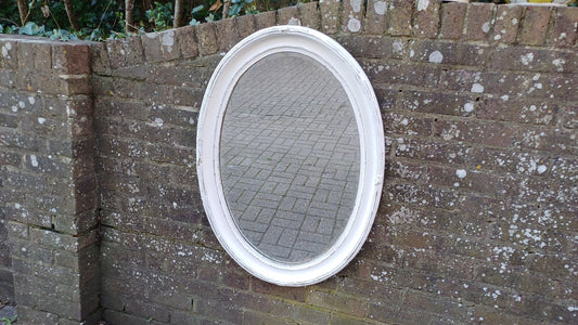 Vintage Unique Painted Shabby Chic Oval Mirror in Farrow and Ball Wimborne White and Gold Highlights