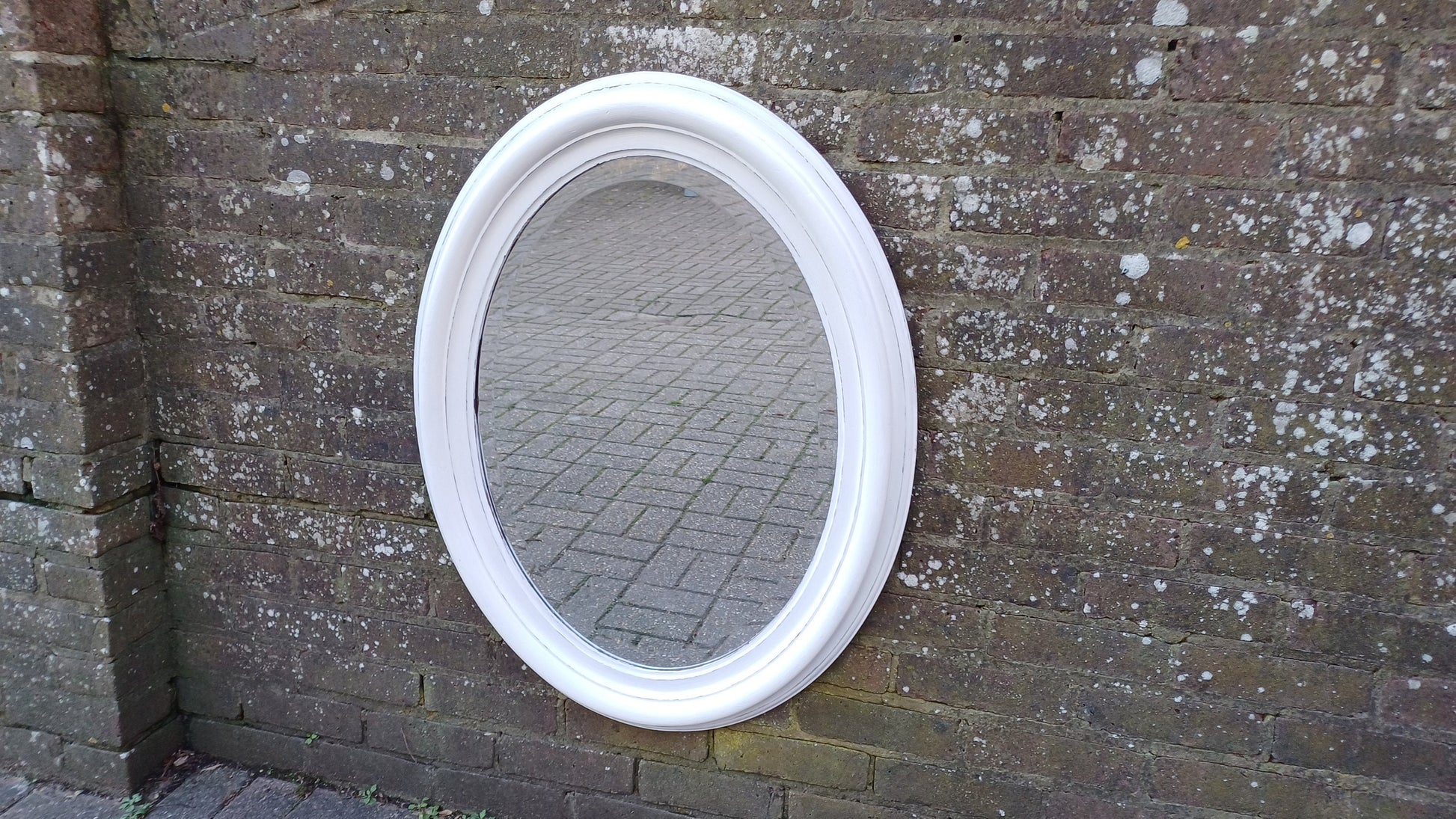 Large Vintage Unique Painted Shabby Chic Oval Mirror in Farrow and Ball Wimborne White 88 x 68 cm