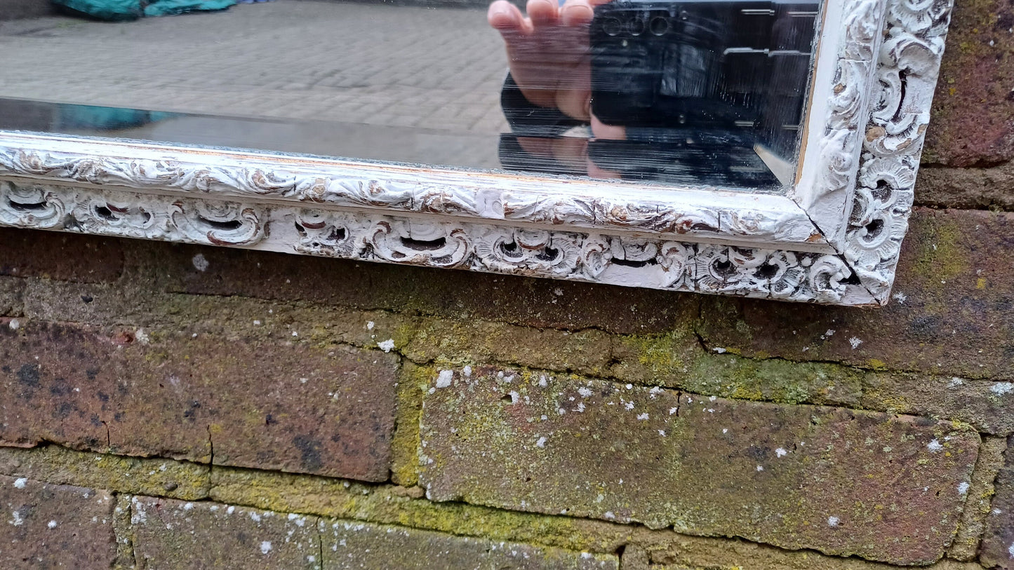 Large Vintage Unique Pierced Painted Shabby Chic Mirror in Farrow and Ball Wimborne White 83 x 57 cm