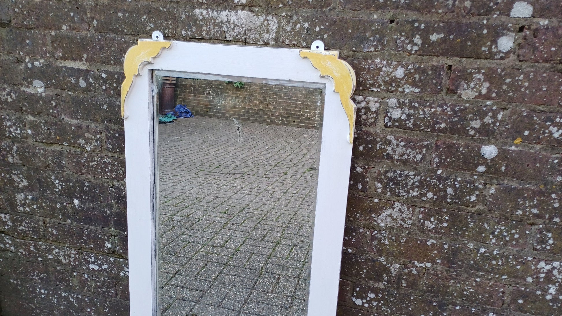 Tall Quality Oak Vintage Unique Painted Shabby Chic Mirror in Farrow and Ball Wimborne White and God Highlights.