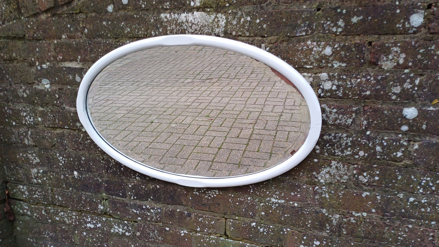 Large Vintage Unique Painted Shabby Chic Oval Mirror in Farrow and Ball Wimborne White