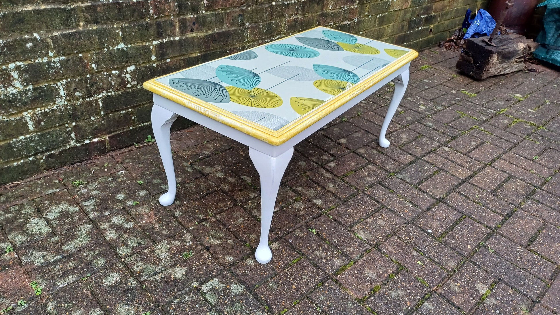 Vintage Painted Glass Top Coffee Table in Farrow and Ball and Sanderson Dandelion Decoupage.