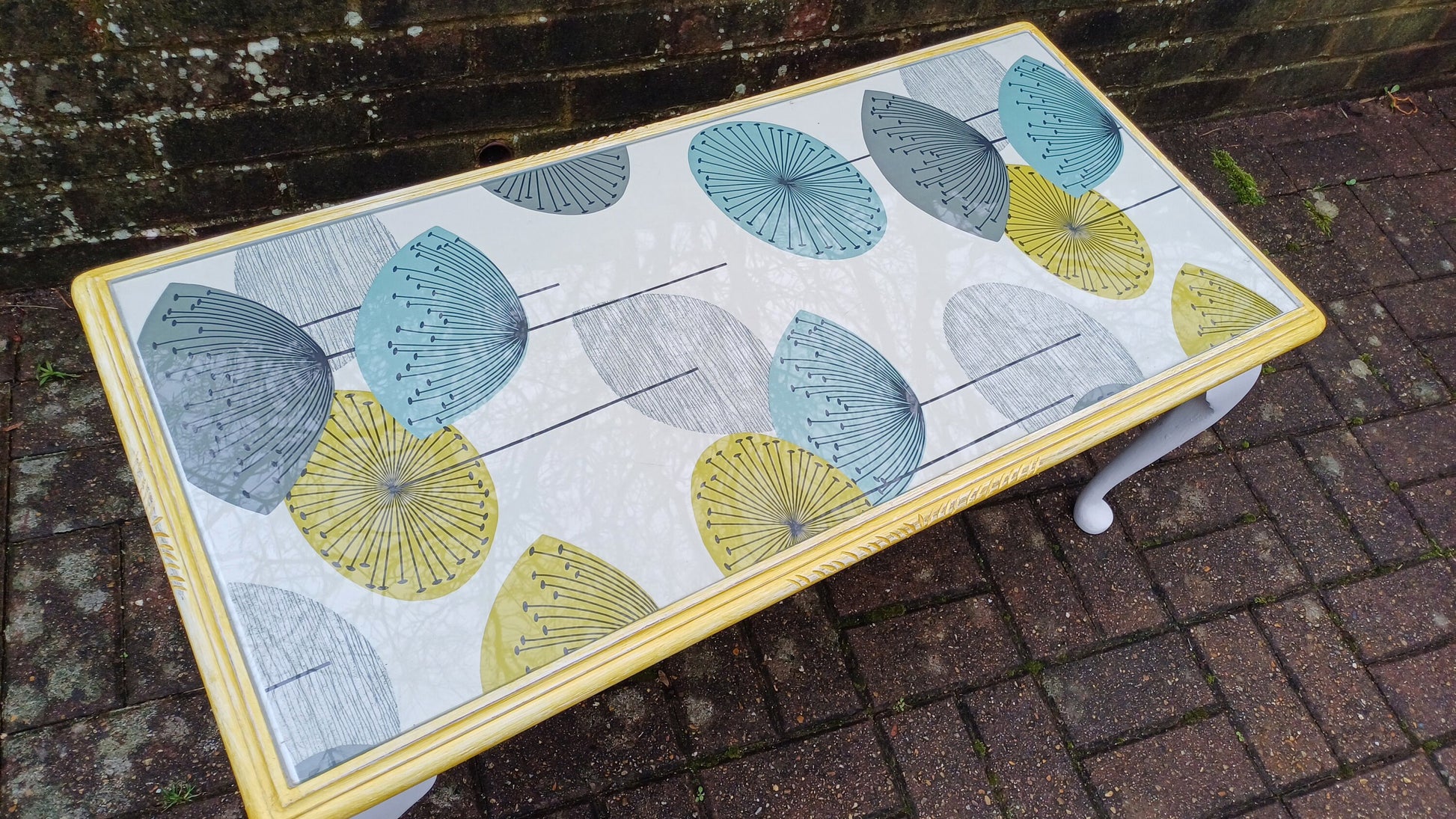 Vintage Painted Glass Top Coffee Table in Farrow and Ball and Sanderson Dandelion Decoupage.