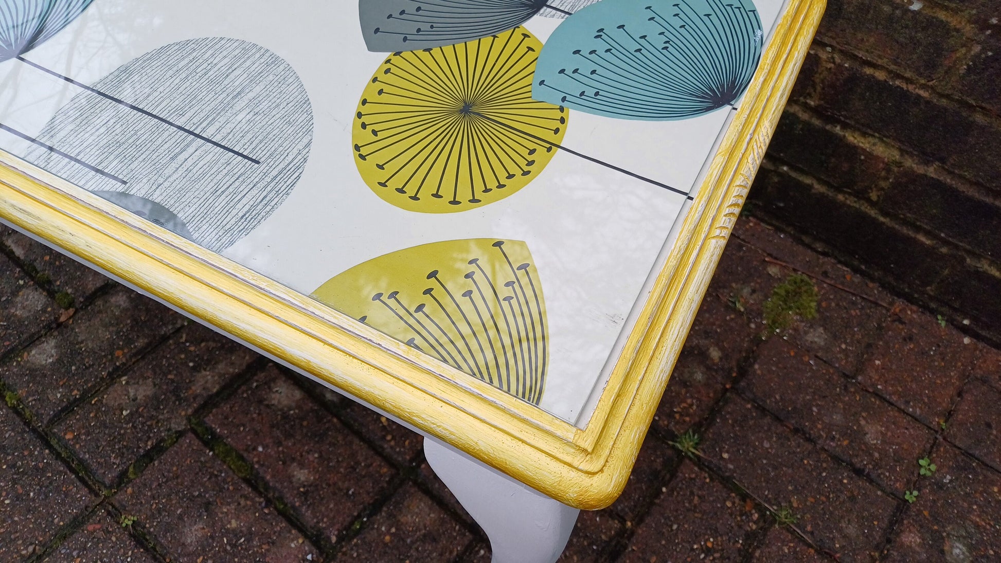 Vintage Painted Glass Top Coffee Table in Farrow and Ball and Sanderson Dandelion Decoupage.