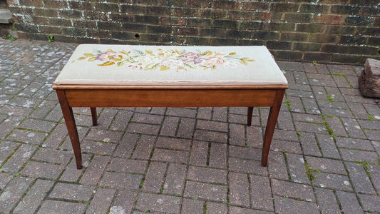 Vintage Sturdy Mahogany Double Piano Stool with Storage Compartment Tapestry Seat.