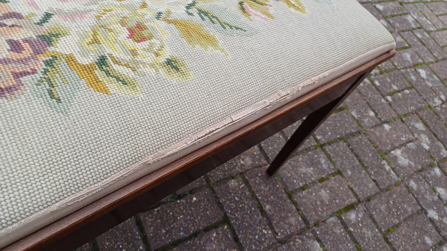 Vintage Sturdy Mahogany Double Piano Stool with Storage Compartment Tapestry Seat.
