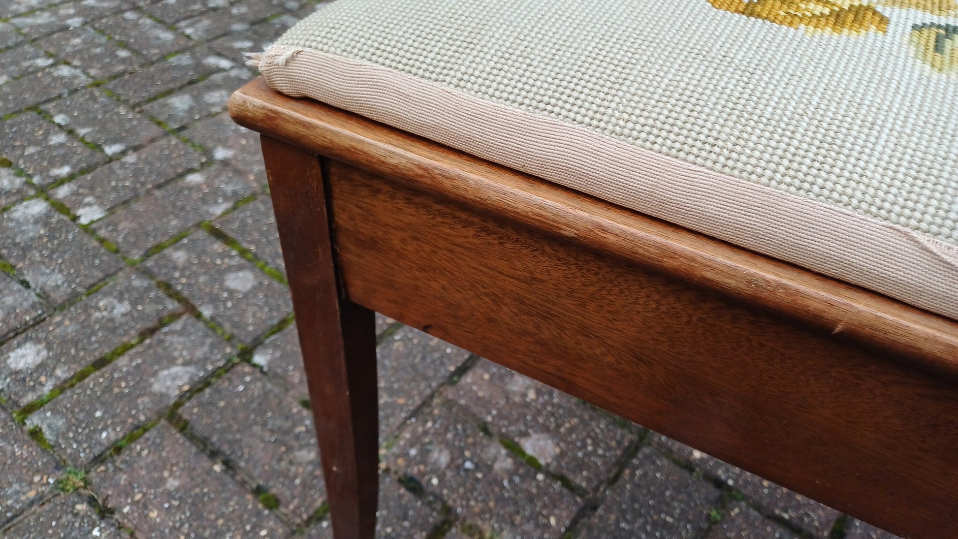 Vintage Sturdy Mahogany Double Piano Stool with Storage Compartment Tapestry Seat.