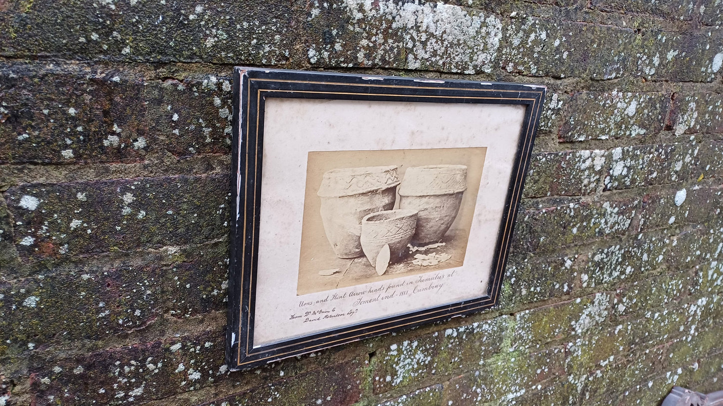 Antique vintage print / photo of Urns and Flint Arrowheads Tomont End 1881 Cumbray (Scotland) in glazed antique black and gold frame